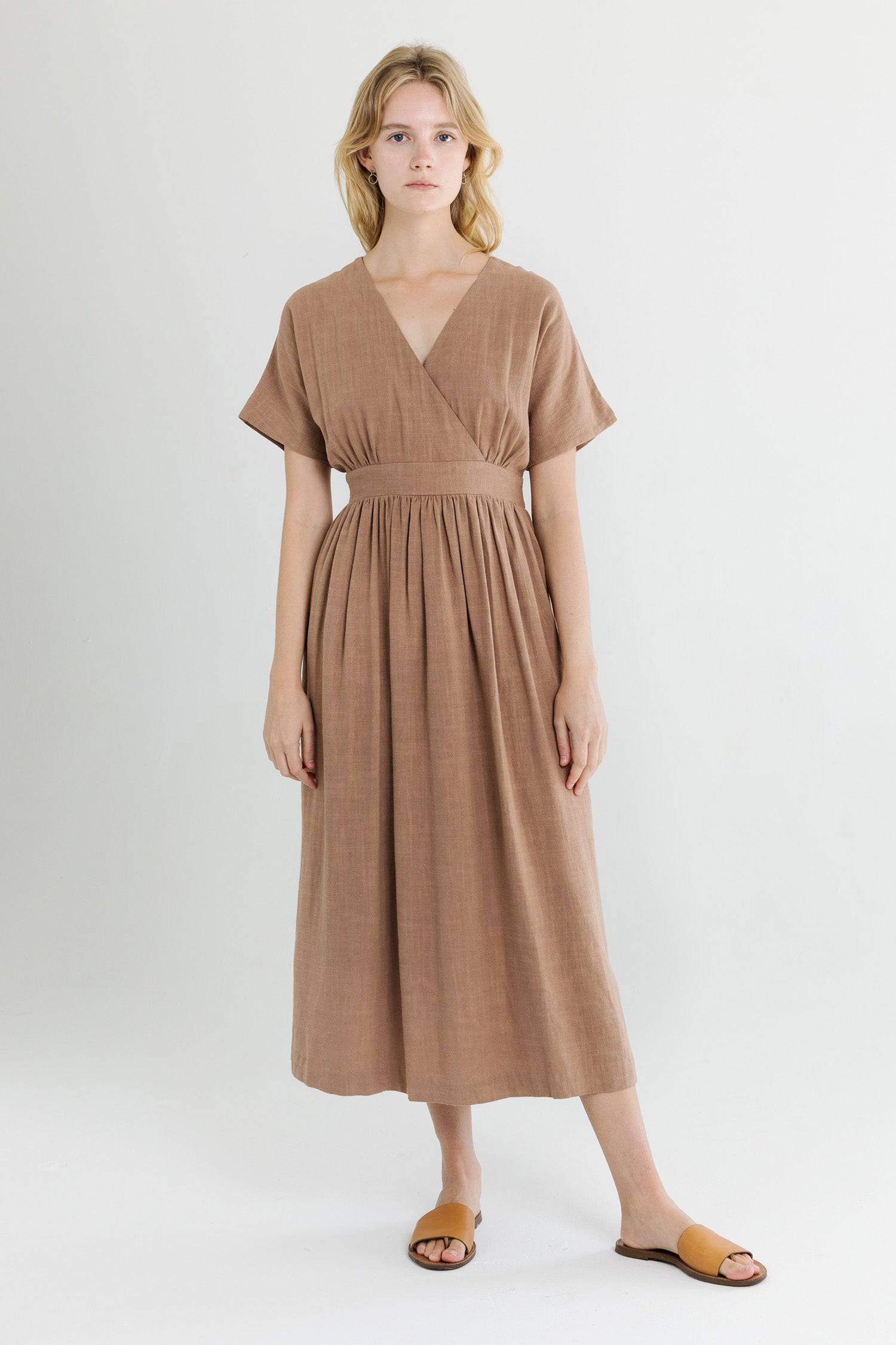 8861270507741, The Palma Dress, Dress, Mod Ref, Belted Tie Waist,Blush,Casual,cf-color-blush,cf-color-tan,cf-color-white,cf-size-l,cf-size-m,cf-size-s,Collar,Detail,Details,Dress,Flow,flowy,Linen,Long Dress,Maxi,maxi dress,Minimal,minimalist,Mod Ref,modref,new,ruched,Soft,Spring,Summer,V neck,V Neckline,Waist Tie,white,Women's,Yellow, Information The Palma Dress is maxi length dress with a v-neckline and waist tie. The piece has feminine touches such as a flutter sleeve and full skirt. Details 70% Linen, 30
