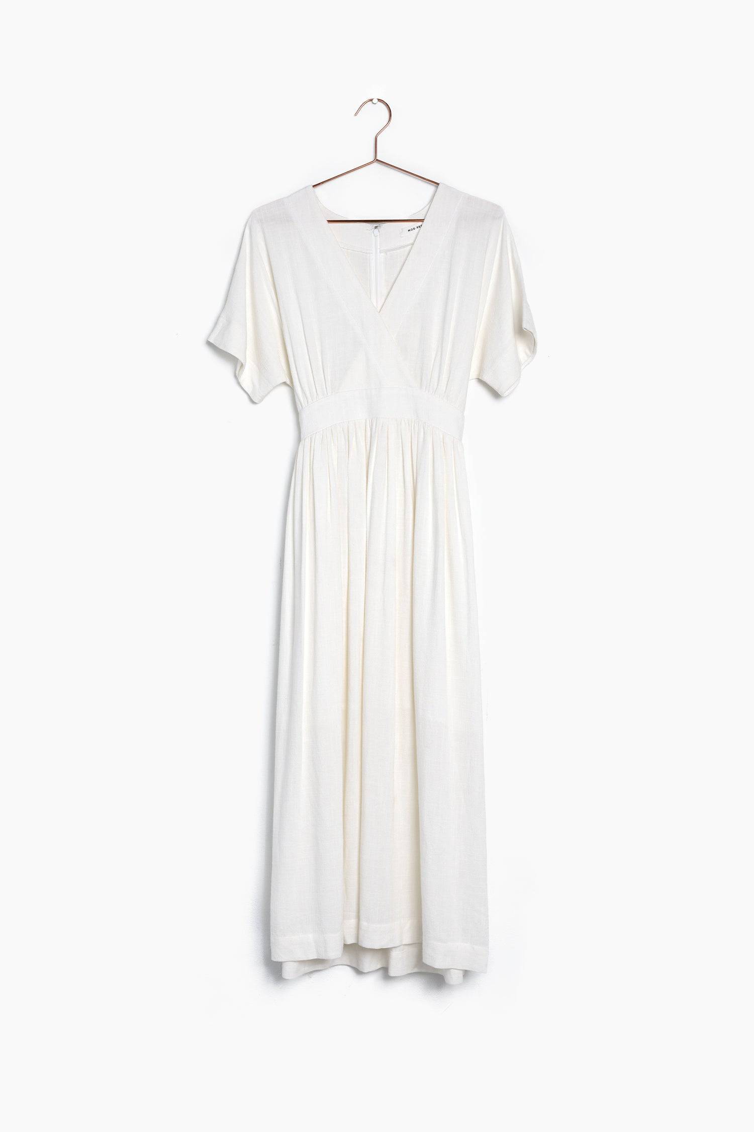 8861270507741, The Palma Dress, Dress, Mod Ref, Belted Tie Waist,Blush,Casual,cf-color-blush,cf-color-tan,cf-color-white,cf-size-l,cf-size-m,cf-size-s,Collar,Detail,Details,Dress,Flow,flowy,Linen,Long Dress,Maxi,maxi dress,Minimal,minimalist,Mod Ref,modref,new,ruched,Soft,Spring,Summer,V neck,V Neckline,Waist Tie,white,Women's,Yellow, Information The Palma Dress is maxi length dress with a v-neckline and waist tie. The piece has feminine touches such as a flutter sleeve and full skirt. Details 70% Linen, 30