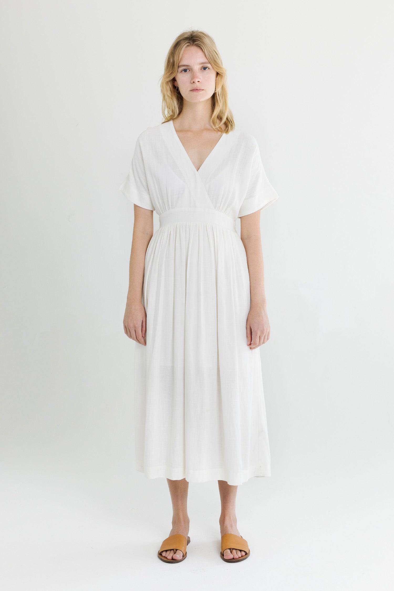 8861270507741, The Palma Dress, Dress, Mod Ref, Belted Tie Waist,Blush,Casual,cf-color-blush,cf-color-tan,cf-color-white,cf-size-l,cf-size-m,cf-size-s,Collar,Detail,Details,Dress,Flow,flowy,Linen,Long Dress,Maxi,maxi dress,Minimal,minimalist,Mod Ref,modref,new,ruched,Soft,Spring,Summer,V neck,V Neckline,Waist Tie,white,Women's,Yellow, Information The Palma Dress is maxi length dress with a v-neckline and waist tie. The piece has feminine touches such as a flutter sleeve and full skirt. Details 70% Linen, 30