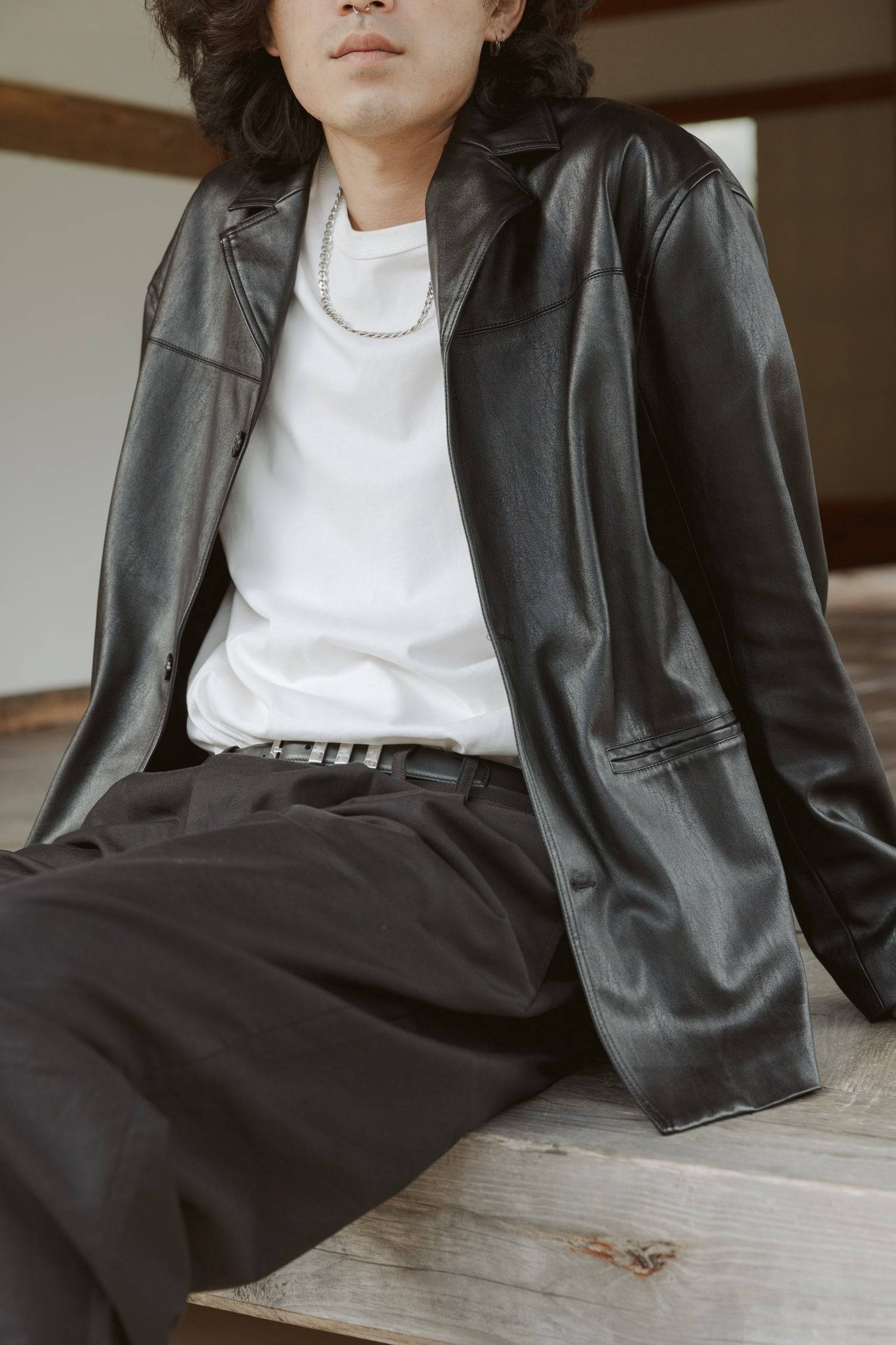 7964139290845, The Camren Jacket, Outerwear, All Row, All Row,allrow,Back Detail,cf-color-black,cf-color-olive,cf-size-l,cf-vendor-all-row,Coat,common,common market,Cotton,Detail,Faux Leather,genderless,Leather,mens,mens shirt,minimalist,new,Olive,Oversized,Pleather,Polyester,Semi-Formal,Spring,statement,statement piece,tencel,Unisex,vegan leather,versatile,Womens,womens top, Information The Camren Jacket is a unisex faux leather jacket in a boxy silhouette. It features a back yoke, side patch pockets, and