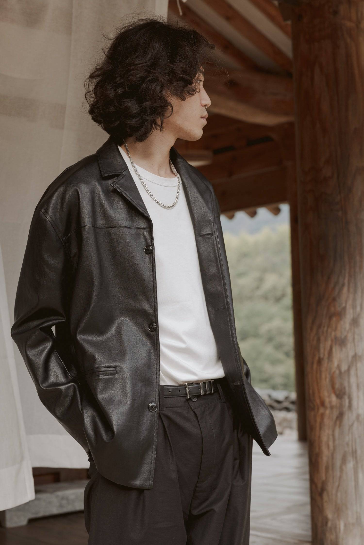 7964139290845, The Camren Jacket, Outerwear, All Row, All Row,allrow,Back Detail,cf-color-black,cf-color-olive,cf-size-l,cf-vendor-all-row,Coat,common,common market,Cotton,Detail,Faux Leather,genderless,Leather,mens,mens shirt,minimalist,new,Olive,Oversized,Pleather,Polyester,Semi-Formal,Spring,statement,statement piece,tencel,Unisex,vegan leather,versatile,Womens,womens top, Information The Camren Jacket is a unisex faux leather jacket in a boxy silhouette. It features a back yoke, side patch pockets, and