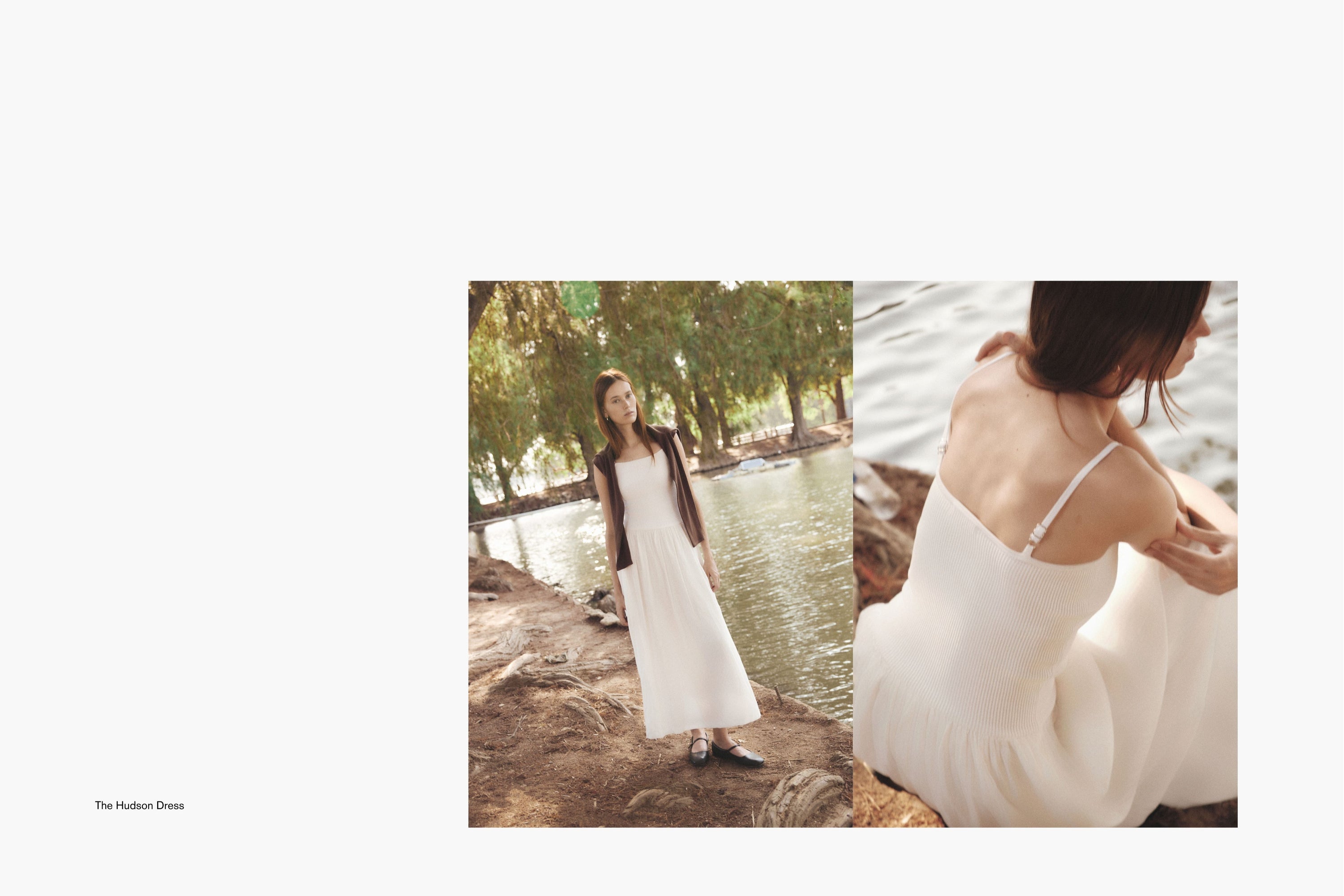 Left: Woman walking alongside a lake in a white dress with brown knit layered over shoulders.

Right: Seated pose of the same look, highlighting soft movement in the fabric and shoulder detail.