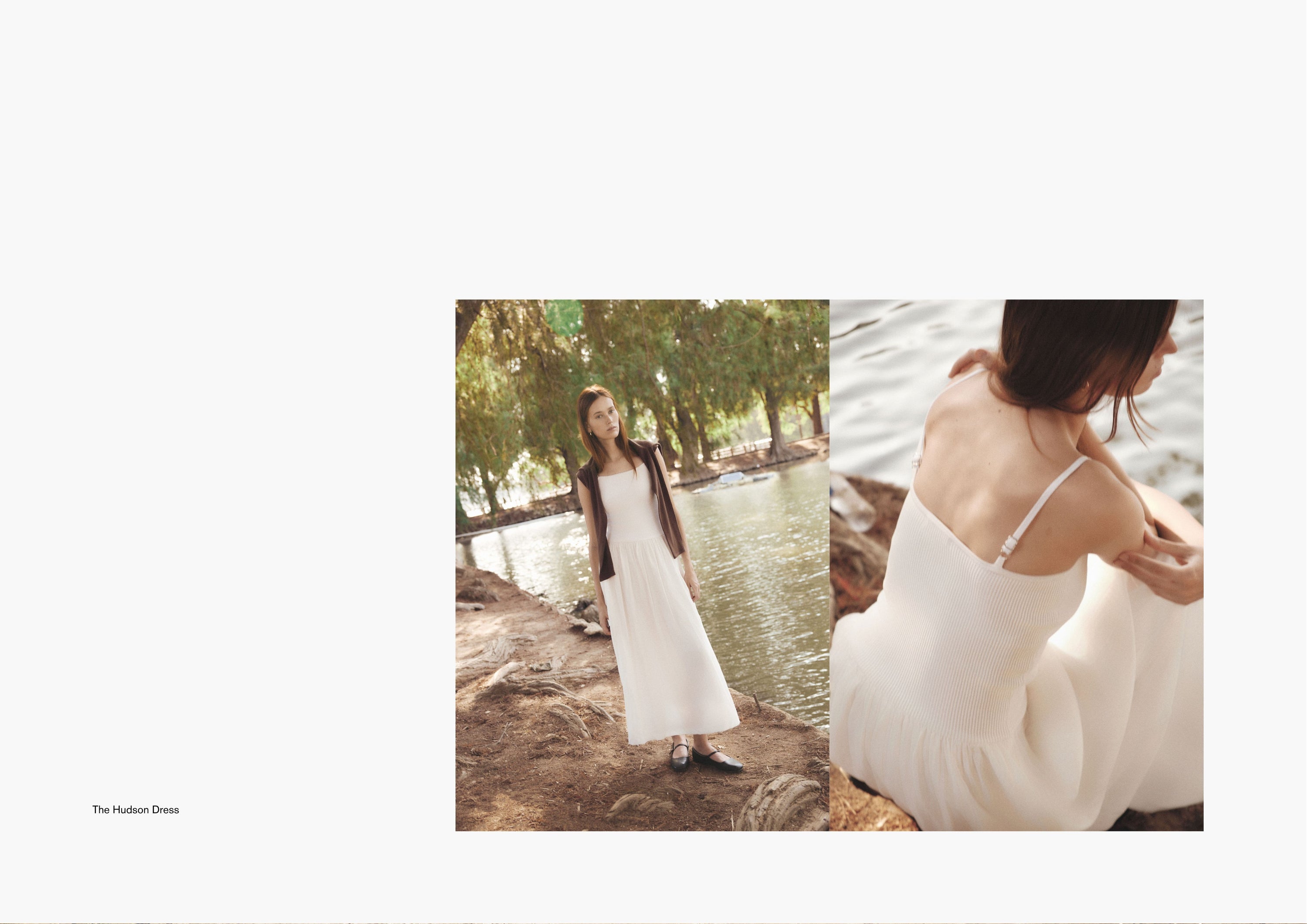 Left: Woman walking alongside a lake in a white dress with brown knit layered over shoulders.

Right: Seated pose of the same look, highlighting soft movement in the fabric and shoulder detail.