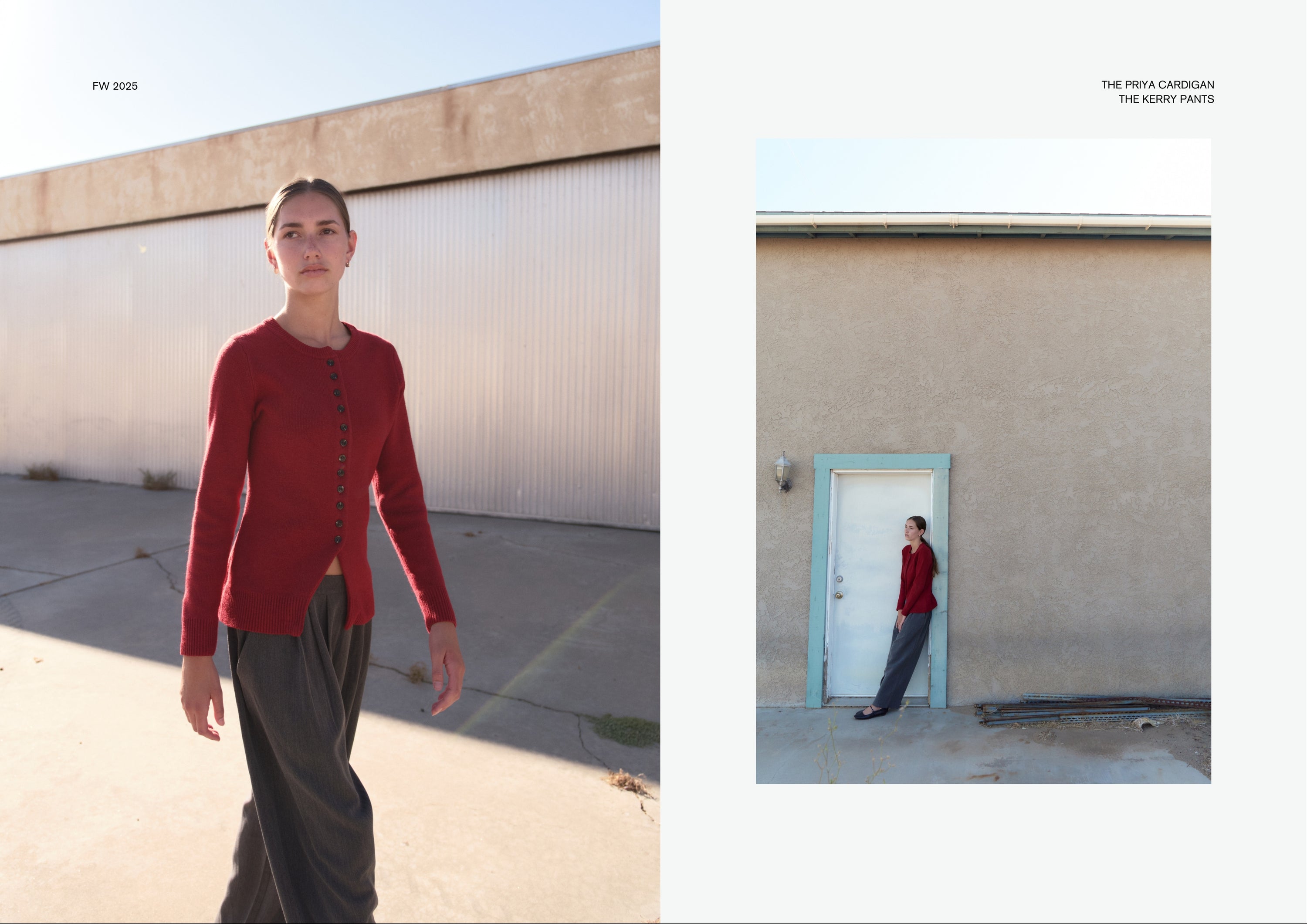 Left image: Model walking outdoors in sunlight, wearing a fitted red button-up cardigan paired with wide-leg gray trousers, against a neutral industrial background.
Right image: Model leaning casually against a pale blue-framed door, showcasing the same red cardigan and gray trousers, with stacked metal rods nearby.