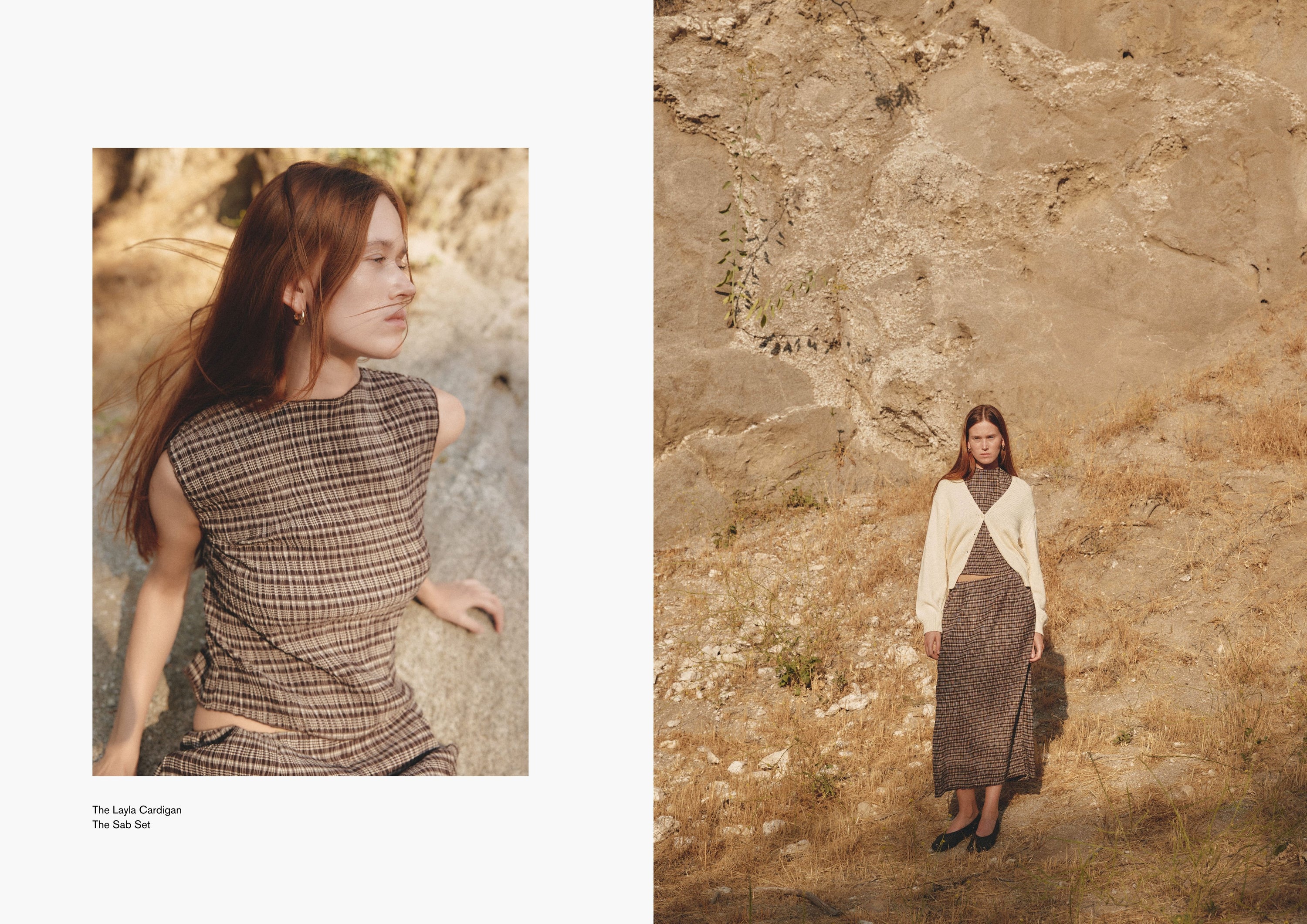 Left: Woman posing in the same plaid look, standing upright against the sunlit slope.

Right: Distant view of her walking across the dry hillside, cream knit draped over her shoulders.