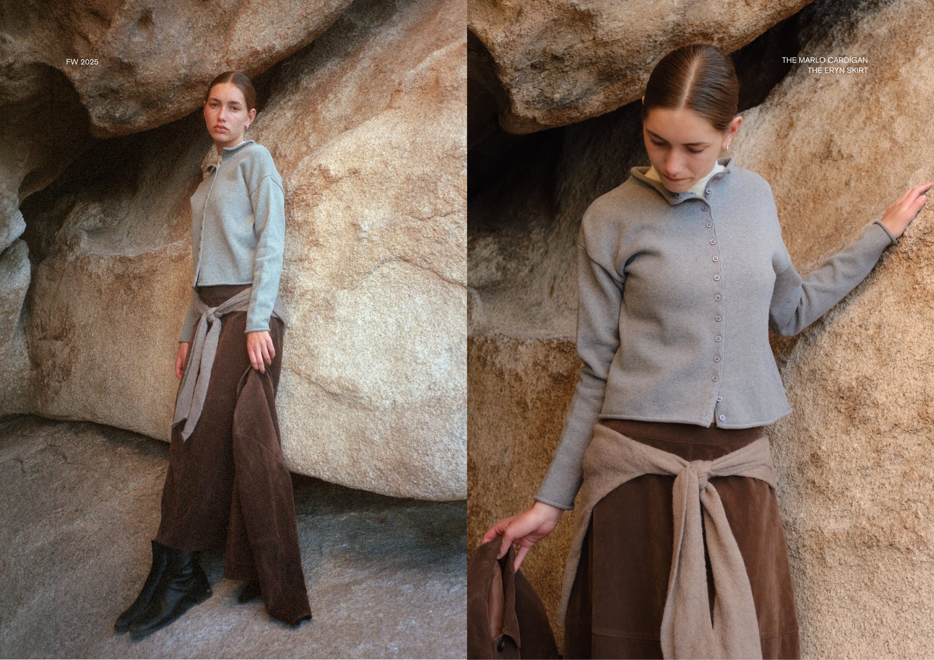 Left image: Model standing among large desert rocks, wearing a light gray button-up cardigan, brown maxi skirt, and black boots, with a neutral sweater tied around the waist.
Right image: Close-up of the same outfit, highlighting the cardigan’s details and layered textures against the rocky backdrop.