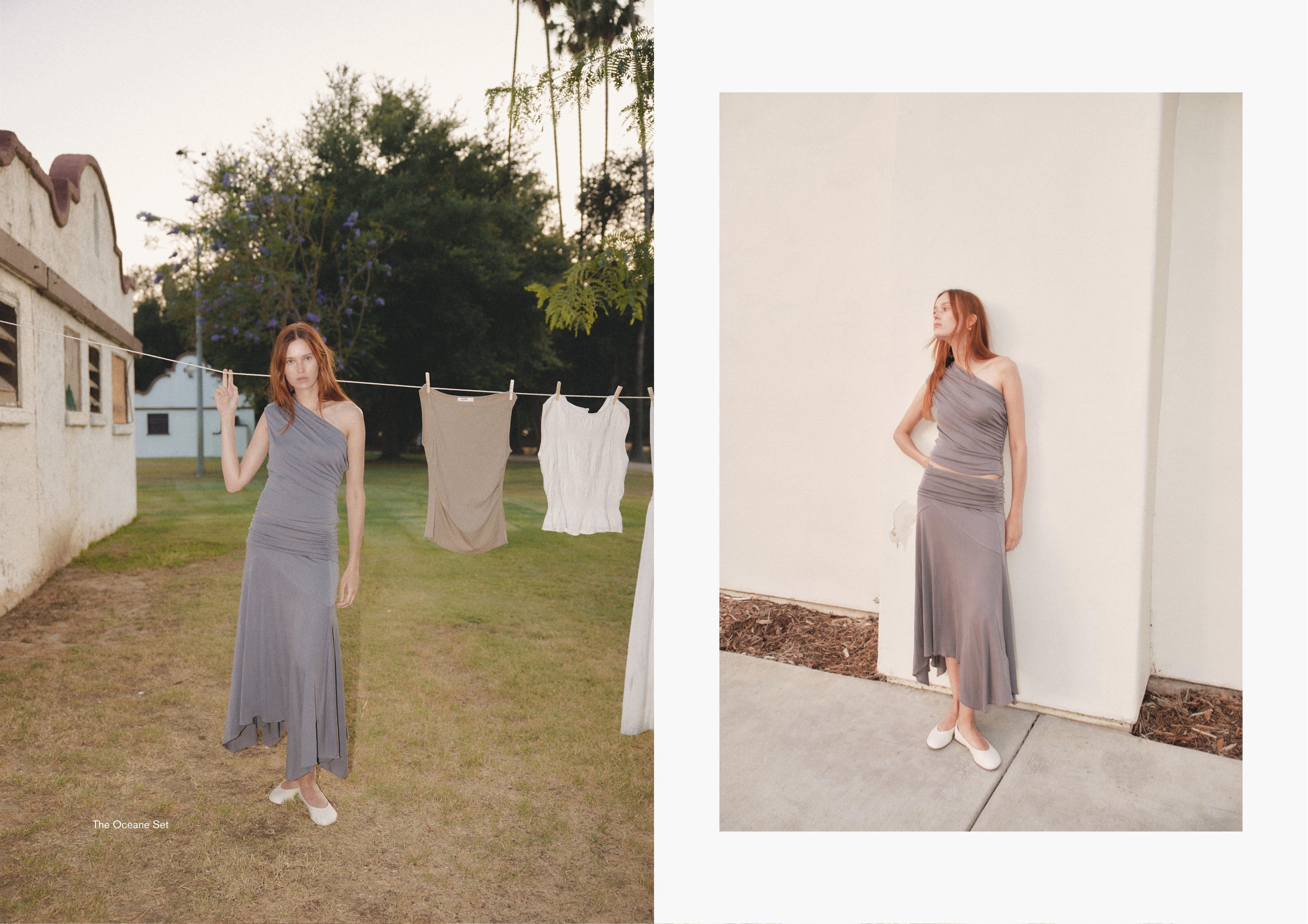 Left: Woman in a flowy taupe jumpsuit standing on dry grass near a white structure and hanging linens.

Right: Same outfit styled against a white minimalist wall, in soft directional light.