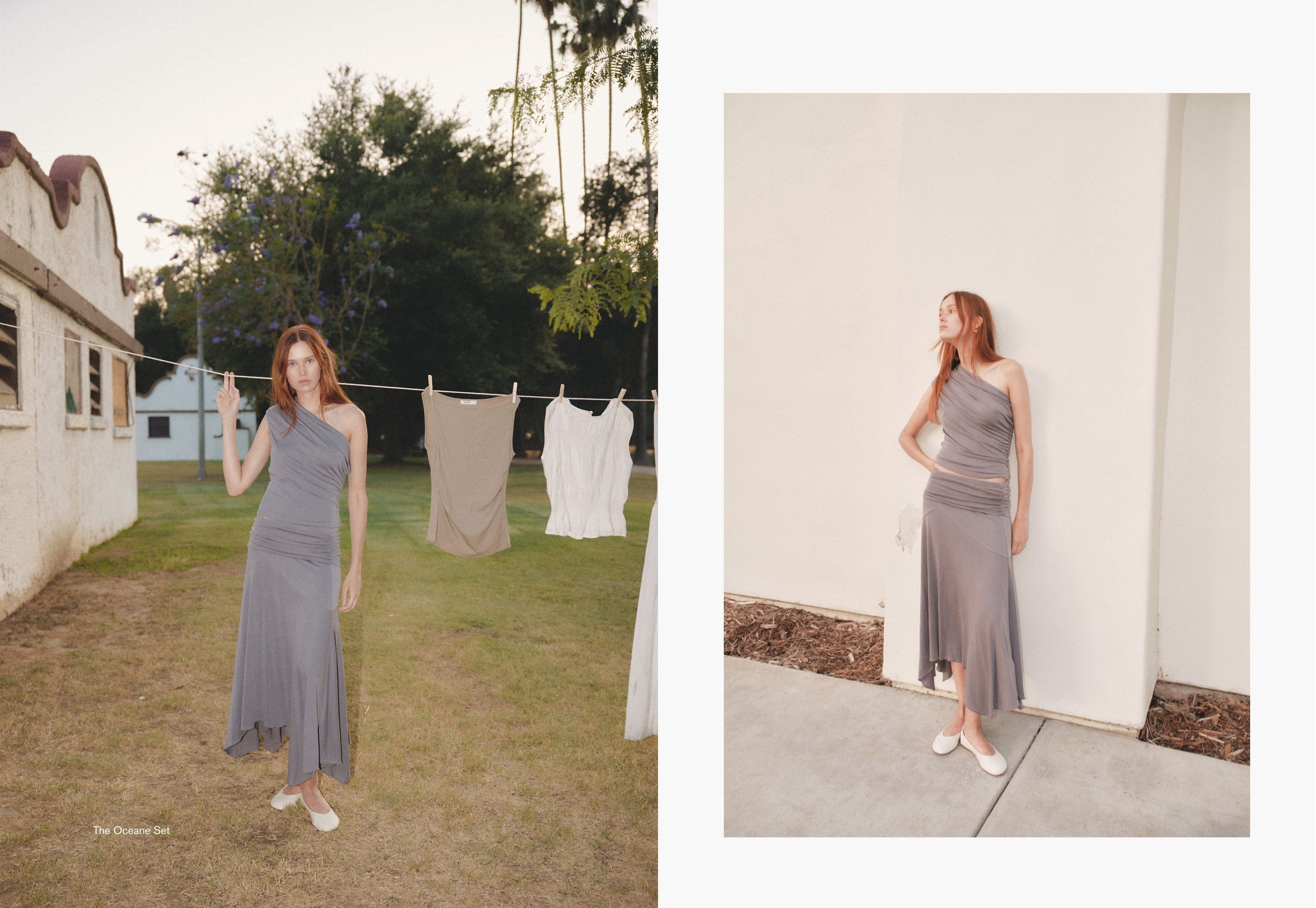 Left: Woman in a flowy taupe jumpsuit standing on dry grass near a white structure and hanging linens.

Right: Same outfit styled against a white minimalist wall, in soft directional light.