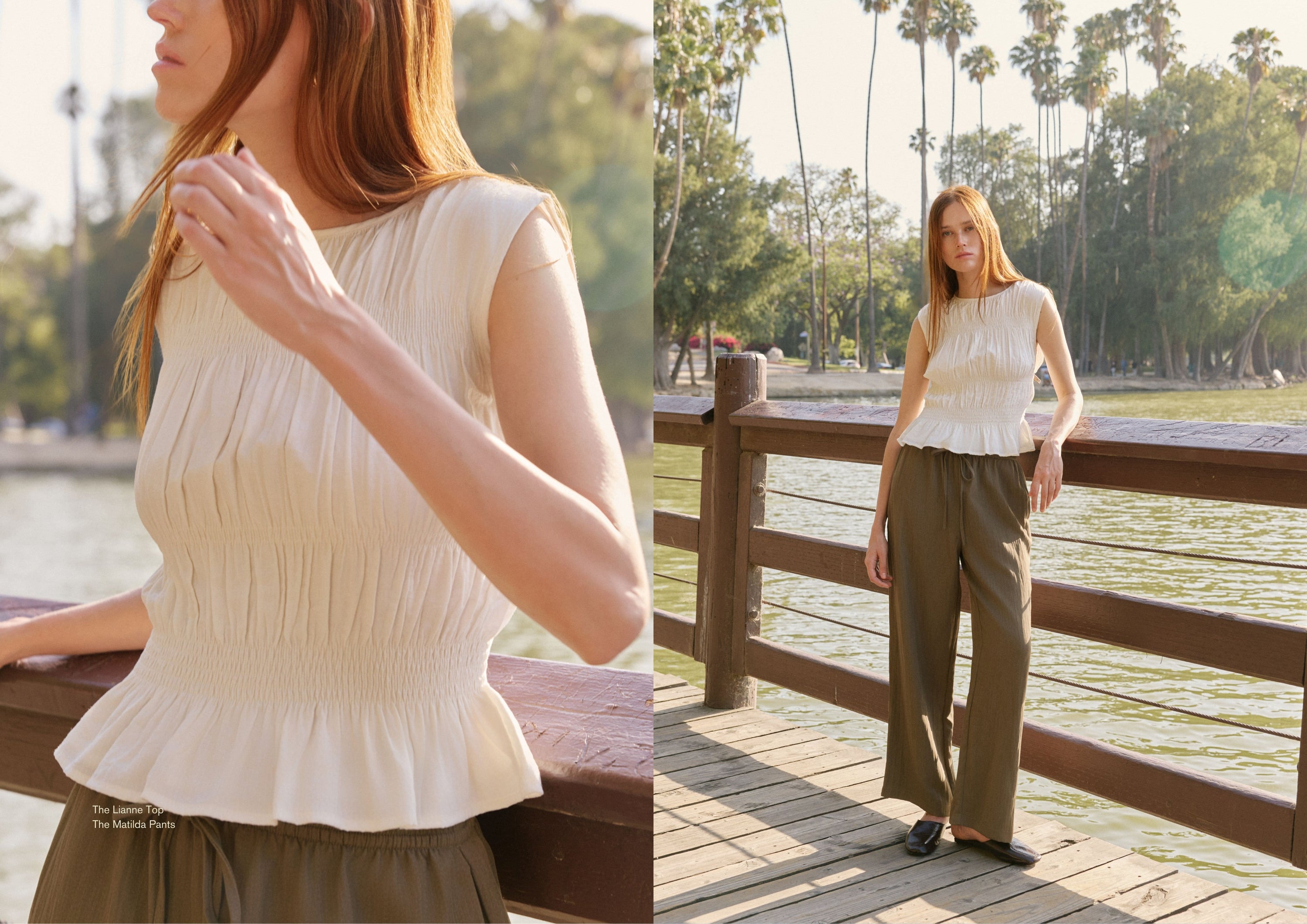 Left: Close-up of an ivory smocked top with thin straps, worn with neutral bottoms.

Right: Woman wearing same top with wide-leg olive trousers, standing on a wooden dock under palm trees.