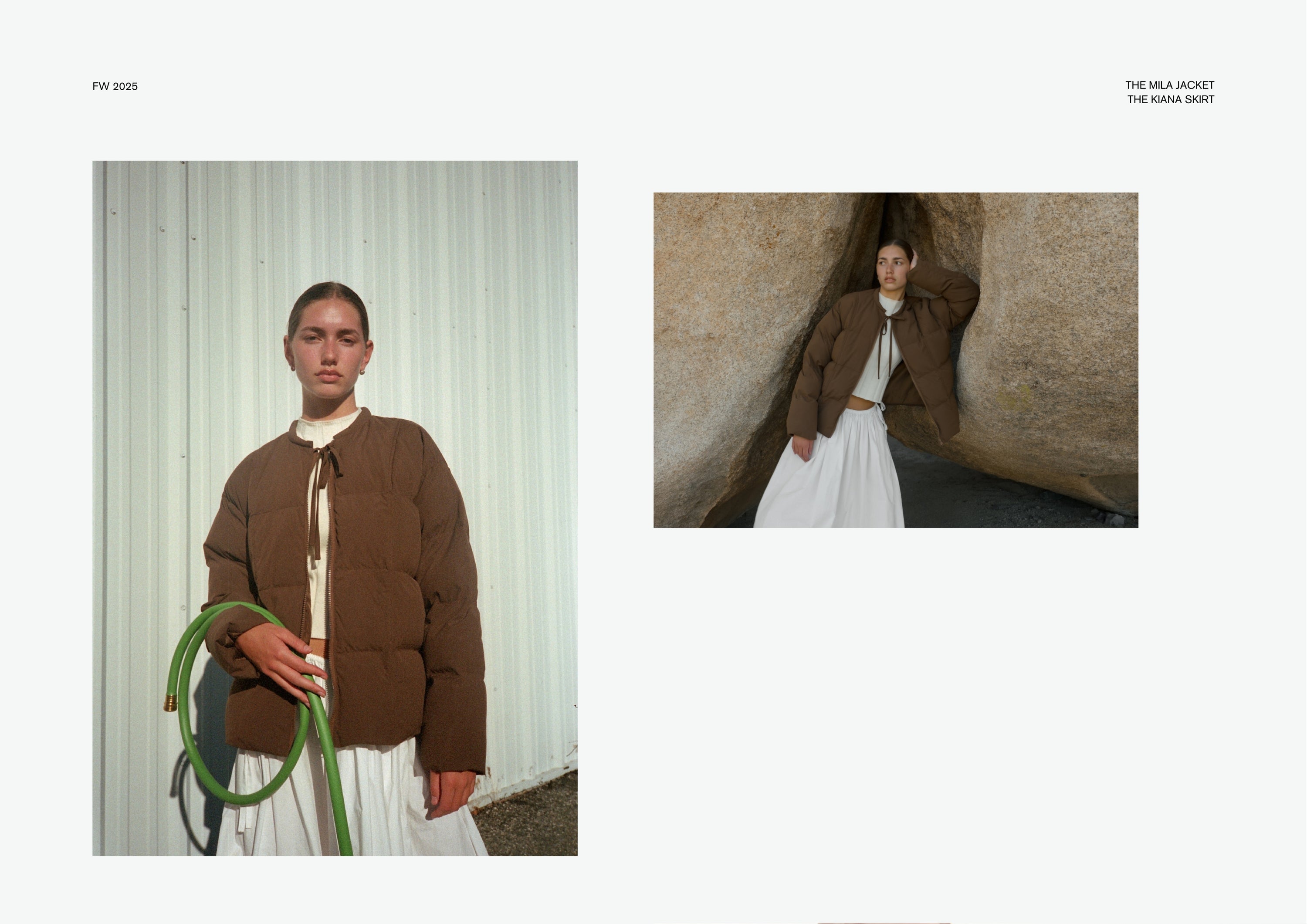 Left image: Model standing against a light corrugated wall wearing a brown quilted jacket and flowing white skirt, holding a green garden hose.
Right image: Model leaning casually between large desert boulders, wearing the same brown quilted jacket over a white skirt, blending structured outerwear with soft, airy layers.