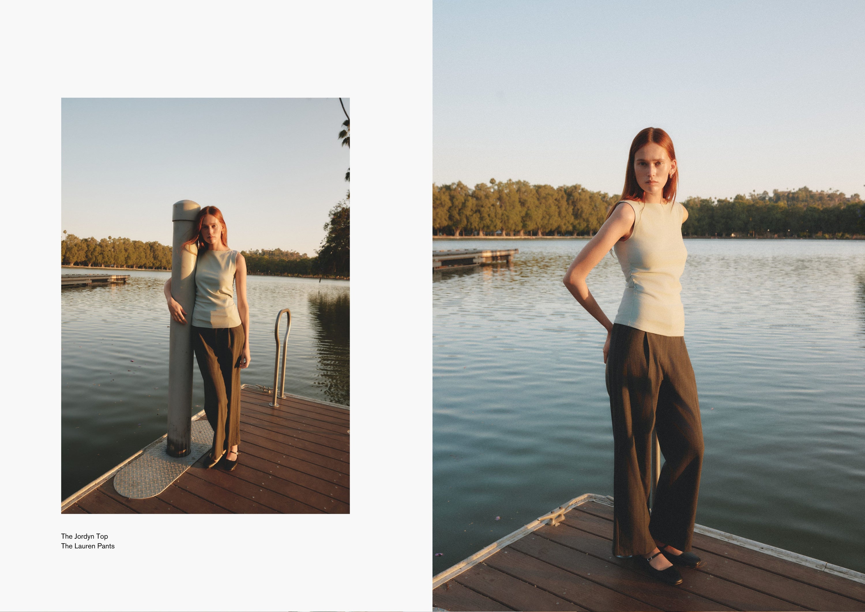 Left: Woman leaning on a railing in a pale sleeveless top and dark pants, lake in the background.

Right: Standing in full sun on the dock in same look, arms at sides, styled with flats.