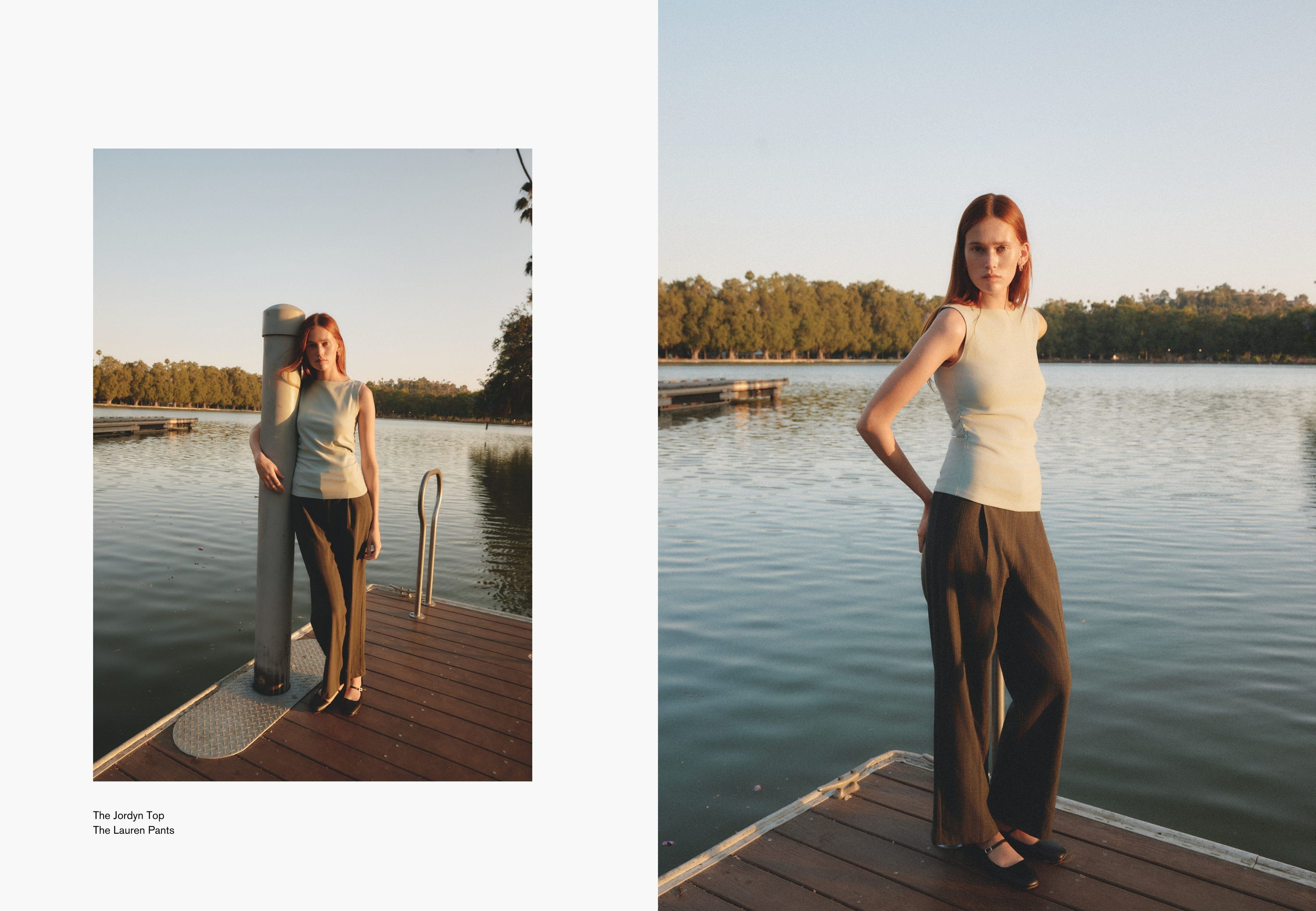 Left: Woman leaning on a railing in a pale sleeveless top and dark pants, lake in the background.

Right: Standing in full sun on the dock in same look, arms at sides, styled with flats.