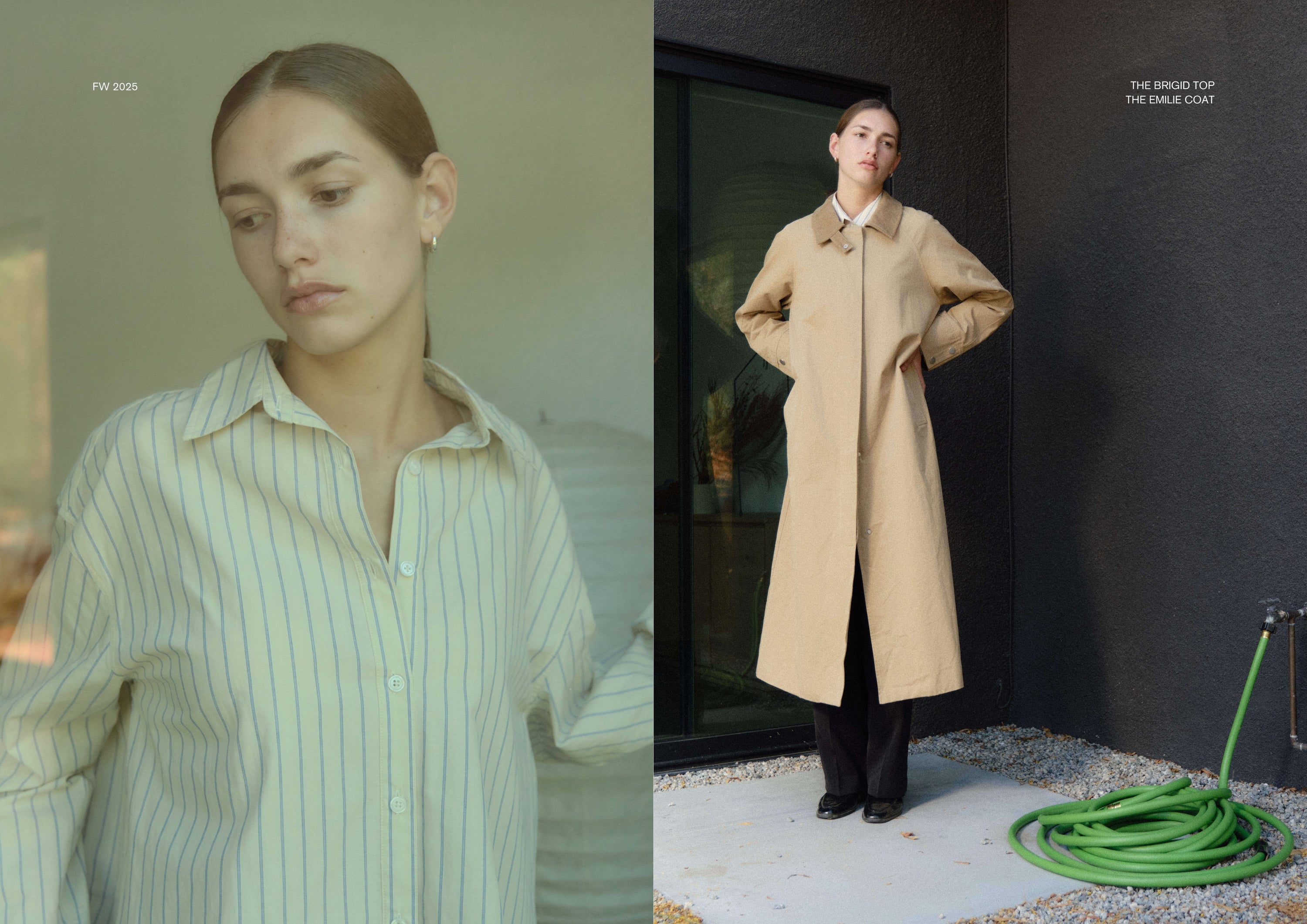 Left image: Close-up of a model wearing a cream button-up shirt with thin vertical stripes, looking down thoughtfully.
Right image: Model standing outdoors against a dark wall, wearing a long tan coat over black trousers, with a coiled green garden hose on the ground beside her.
