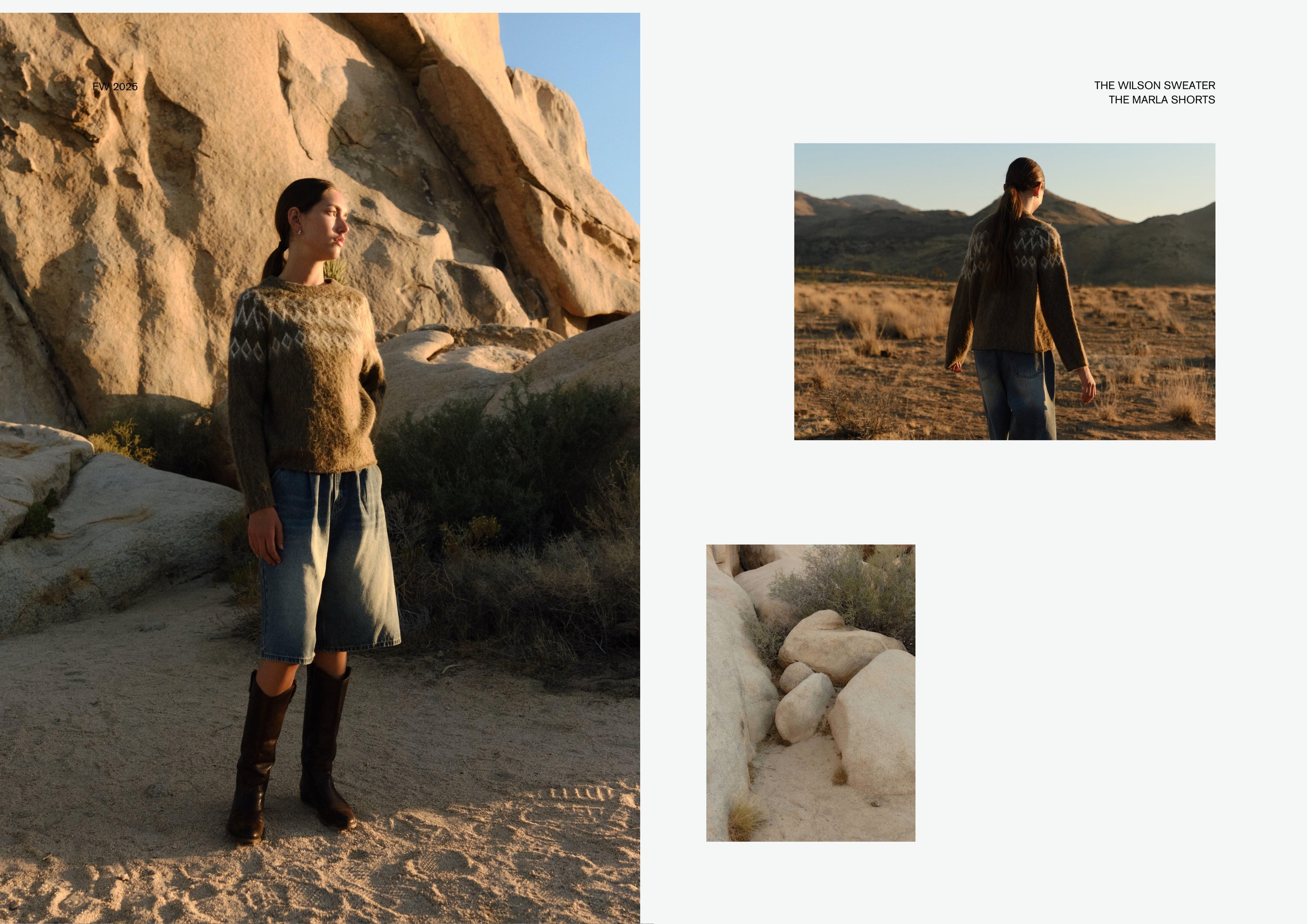 Model standing in a desert landscape at golden hour, wearing an olive green patterned sweater, denim knee-length shorts, and dark boots. A second image shows the back view of the sweater as the model walks through dry grass with mountains in the distance. A third image features close-up desert rocks and shrubs.