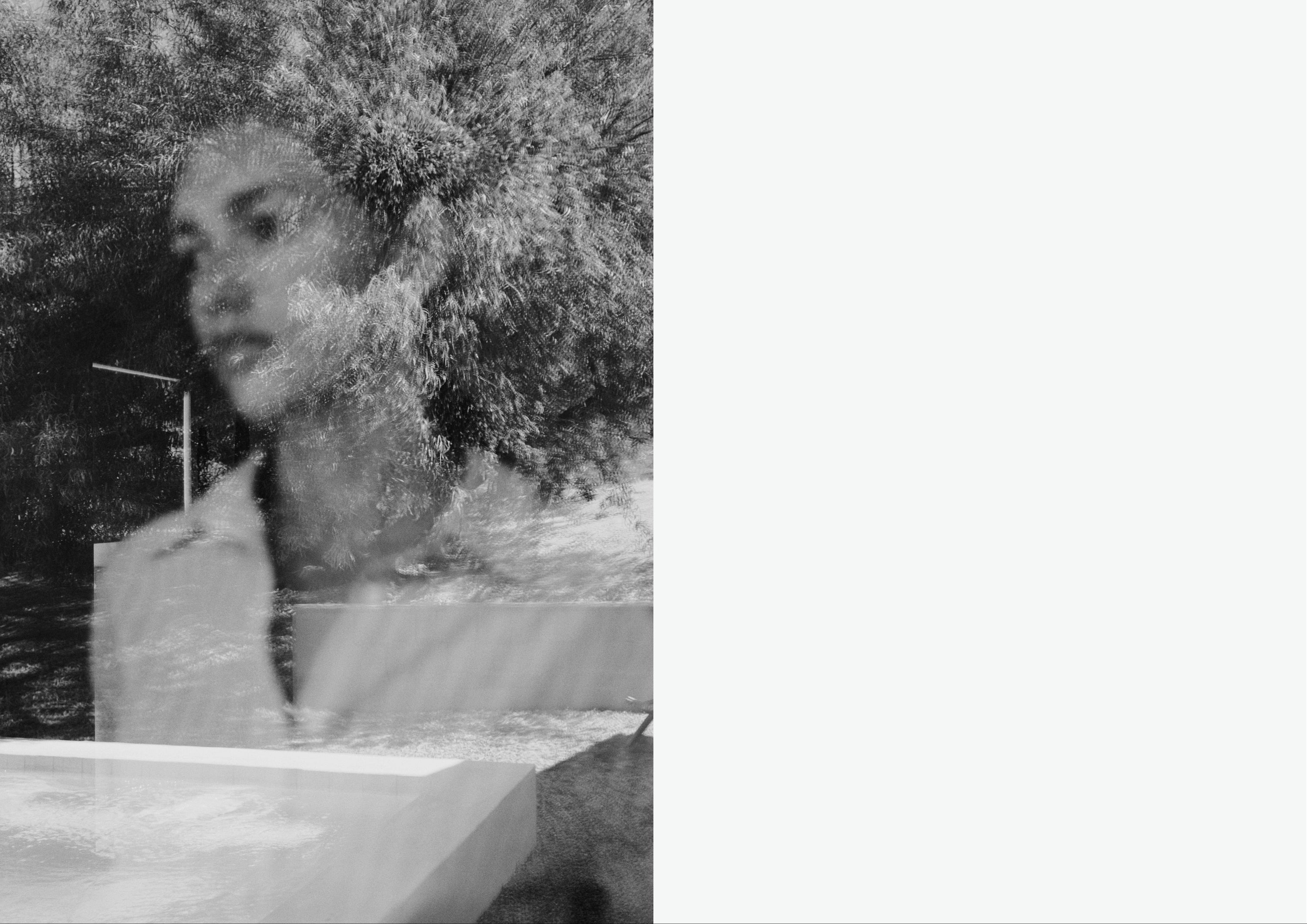 Black and white abstract photo showing a soft-focus reflection of a woman’s face overlaid with textured trees and outdoor elements, creating a layered, dreamlike effect.