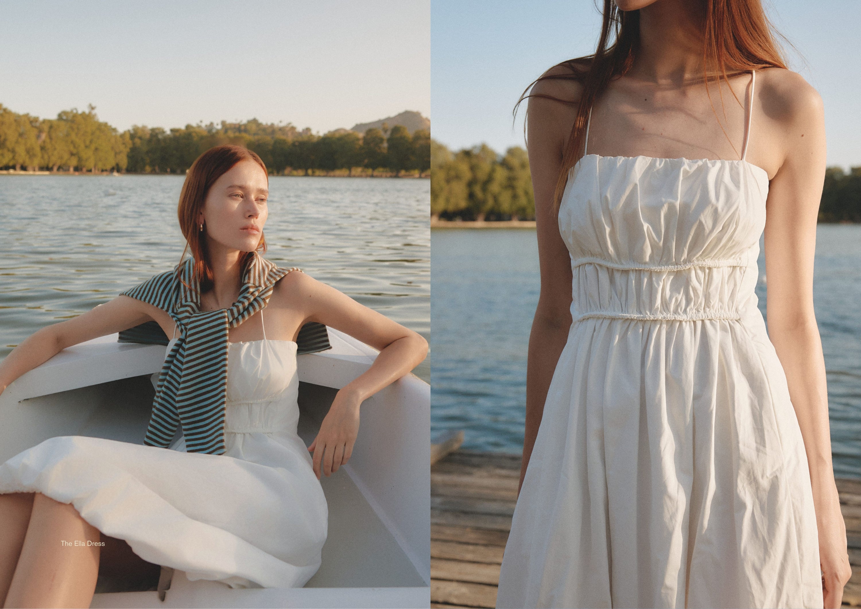 Woman seated in a boat wearing a white dress with a striped knit sweater tied around her shoulders. She gazes softly across the water in evening light.