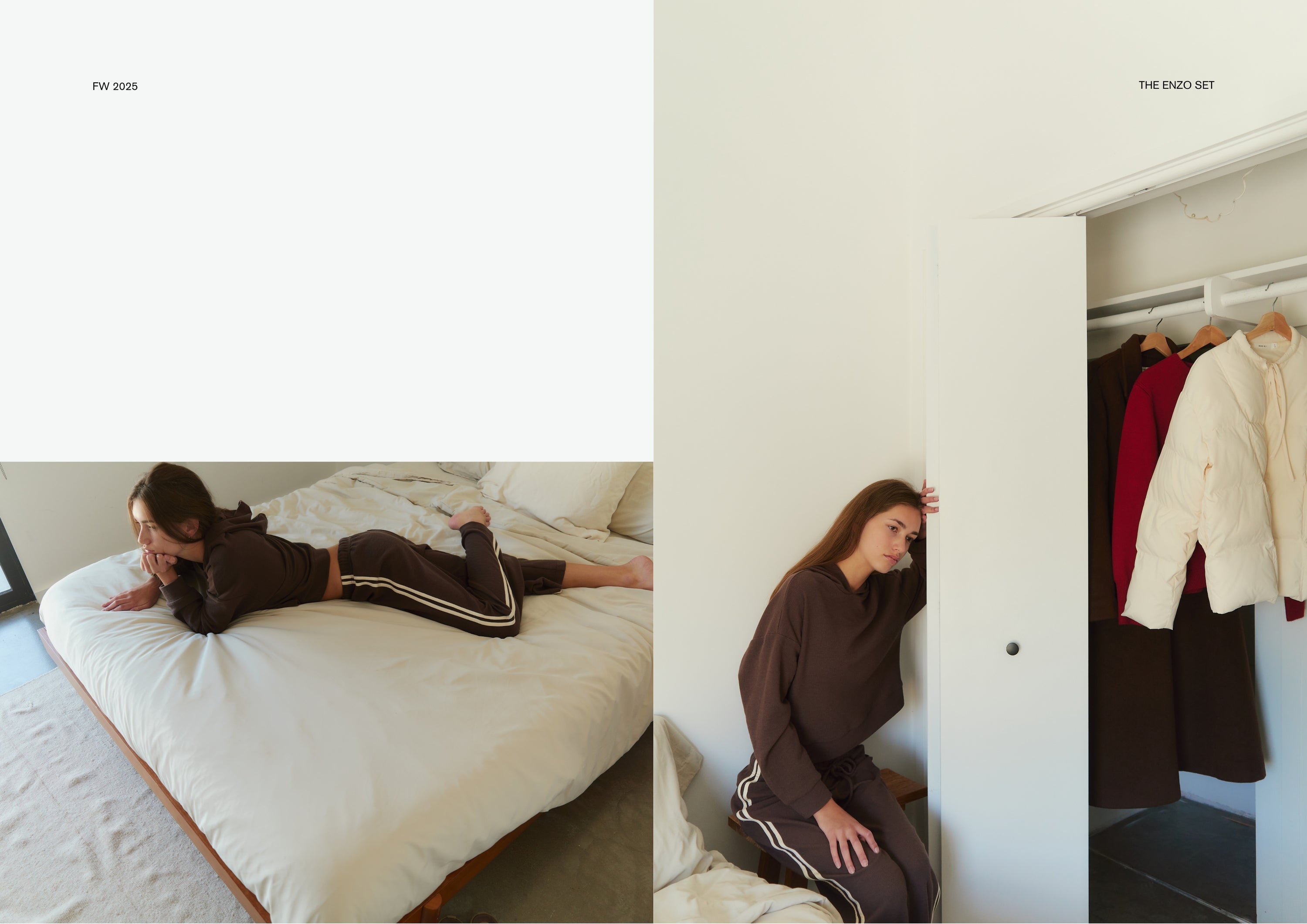 Left image: Model lying on a neatly made bed wearing a dark brown loungewear set with cream side stripes, relaxed and contemplative.
Right image: Model seated near an open closet, wearing the same dark brown set, with neutral and red outerwear hanging inside the closet behind her.
