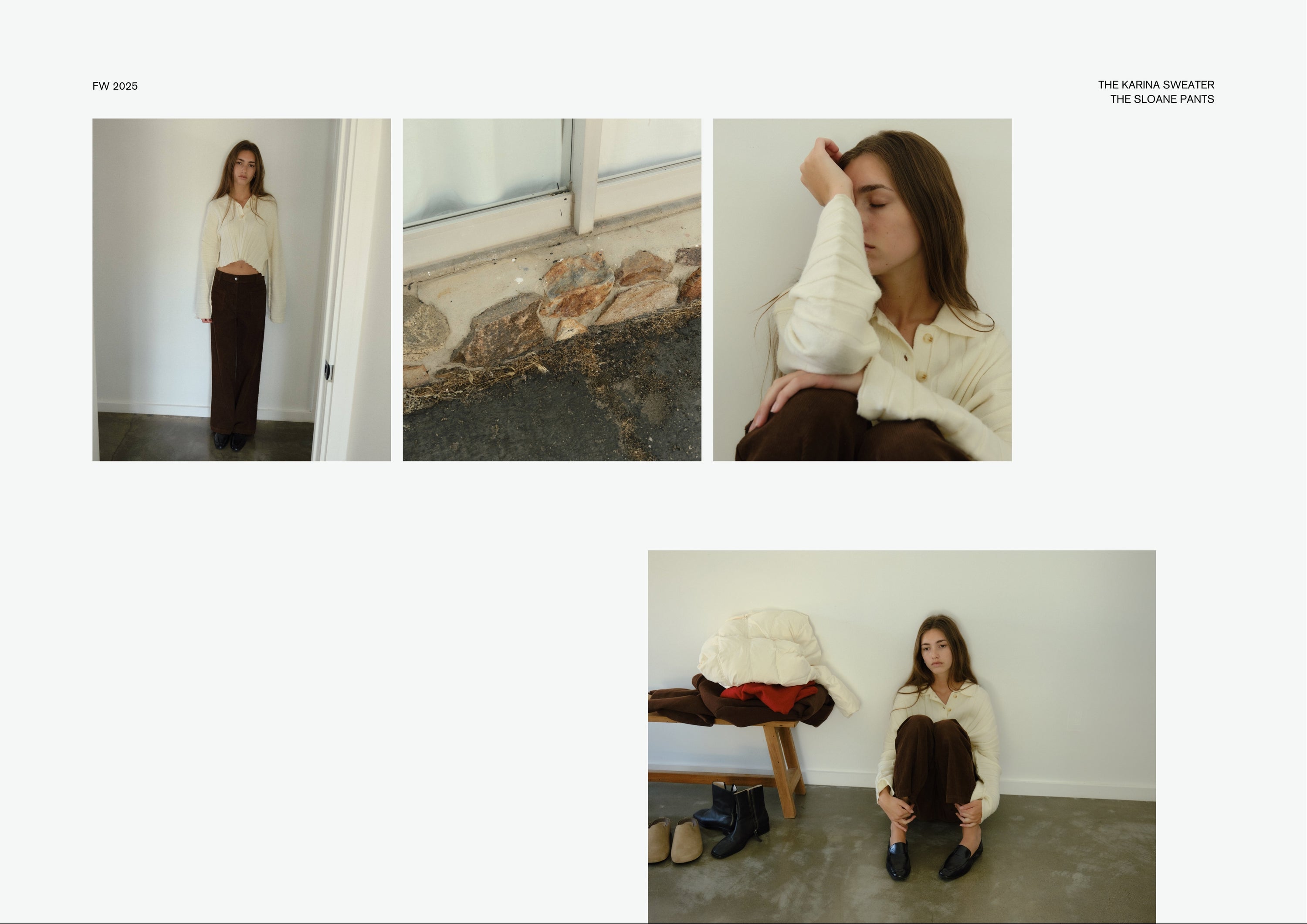 Top left image: Model standing indoors against a white wall, wearing a cream button-up sweater and dark brown wide-leg pants.
Top middle image: Close-up of stone detailing at the base of a window outside a building.
Top right image: Model sitting with eyes closed, resting her head on her arm while wearing the same cream sweater and brown pants.
Bottom image: Model seated on the floor hugging her knees, with boots and outerwear casually placed on a wooden bench behind her.