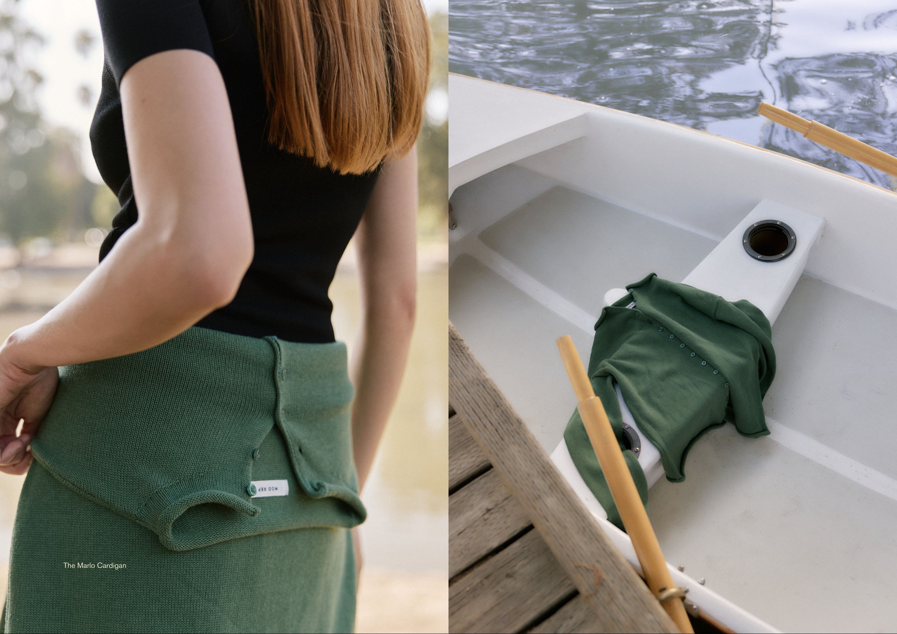 Close-up of a woman from behind, wearing a black top and green skirt with a matching sweater tied around her waist. The Mod Ref label is visible.