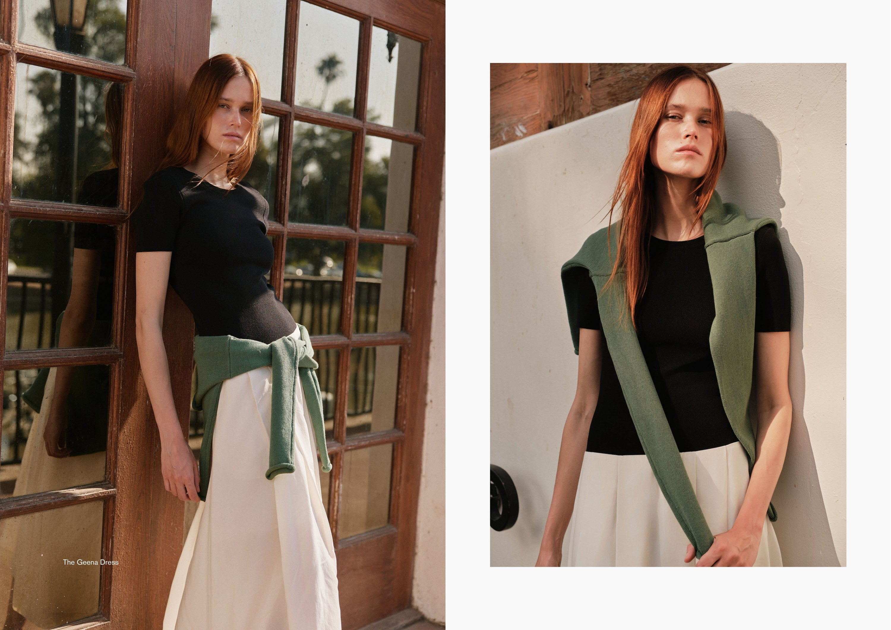 Woman standing in a doorway wearing a black top, white skirt, and green sweater tied around her waist. Natural light adds warmth to the scene.