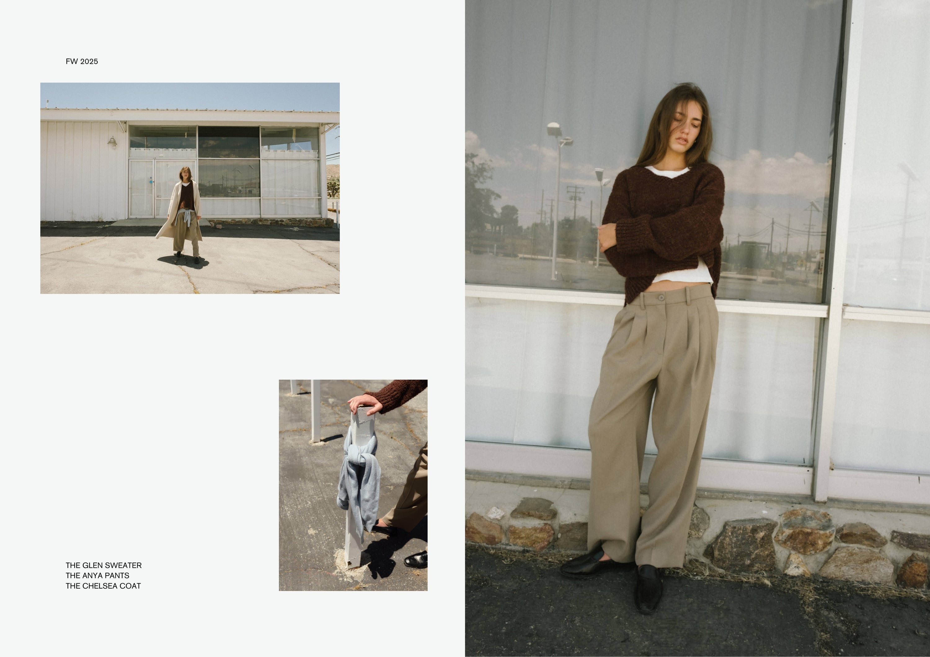 Top left image: Model standing in front of a white building, wearing a dark brown sweater, wide-leg trousers, and a light coat draped over her shoulders.
Bottom left image: Close-up of a hand resting on a white post with a light gray sweater draped over it.
Right image: Model leaning casually against a large window, wearing a cropped dark brown sweater over a white top and loose beige trousers.