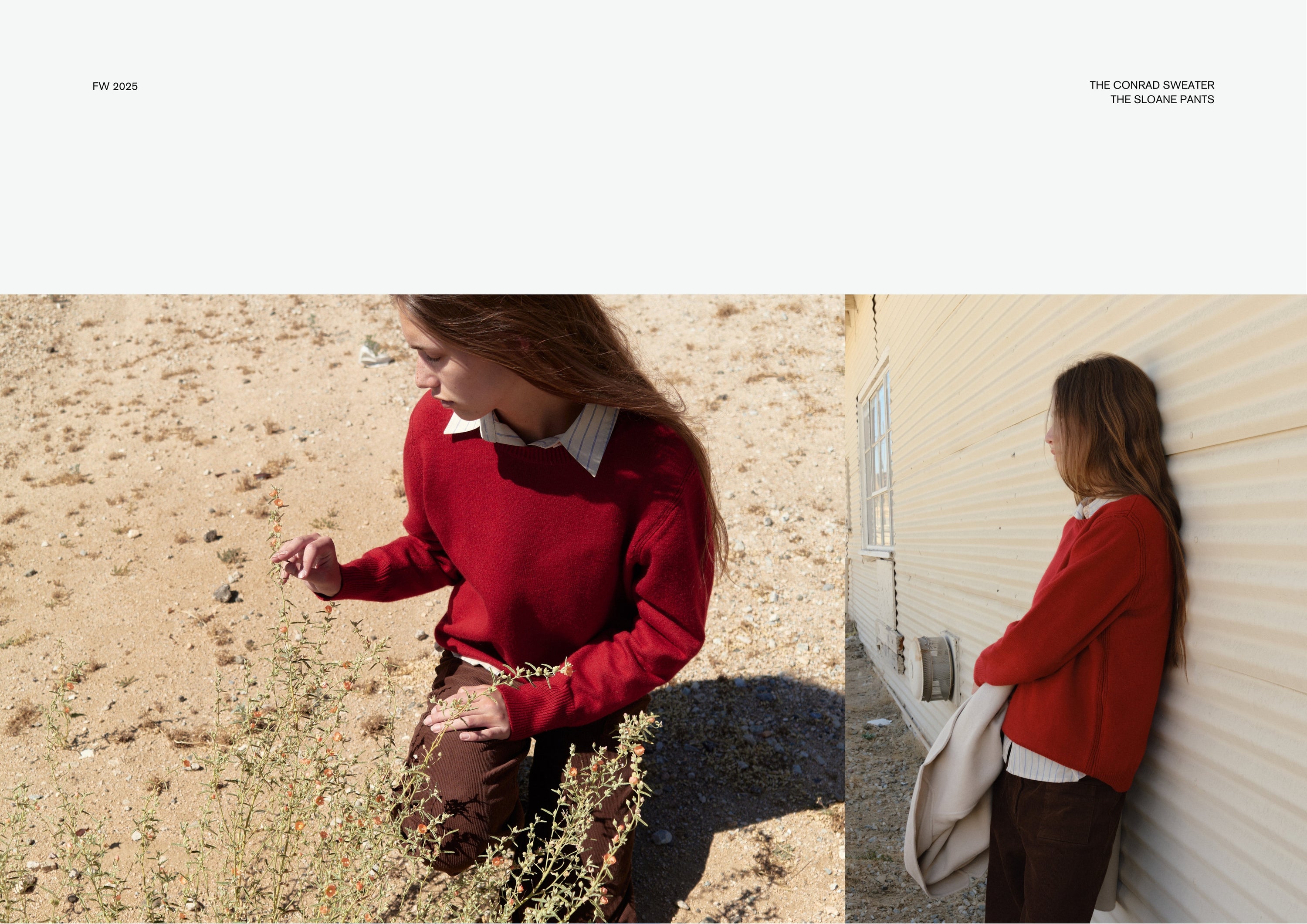 Left image: Model kneeling in the desert, wearing a red sweater over a collared shirt with dark brown pants, gently touching desert plants.
Right image: Model standing against the side of a light corrugated building, holding a neutral coat while wearing the same red sweater and brown pants.