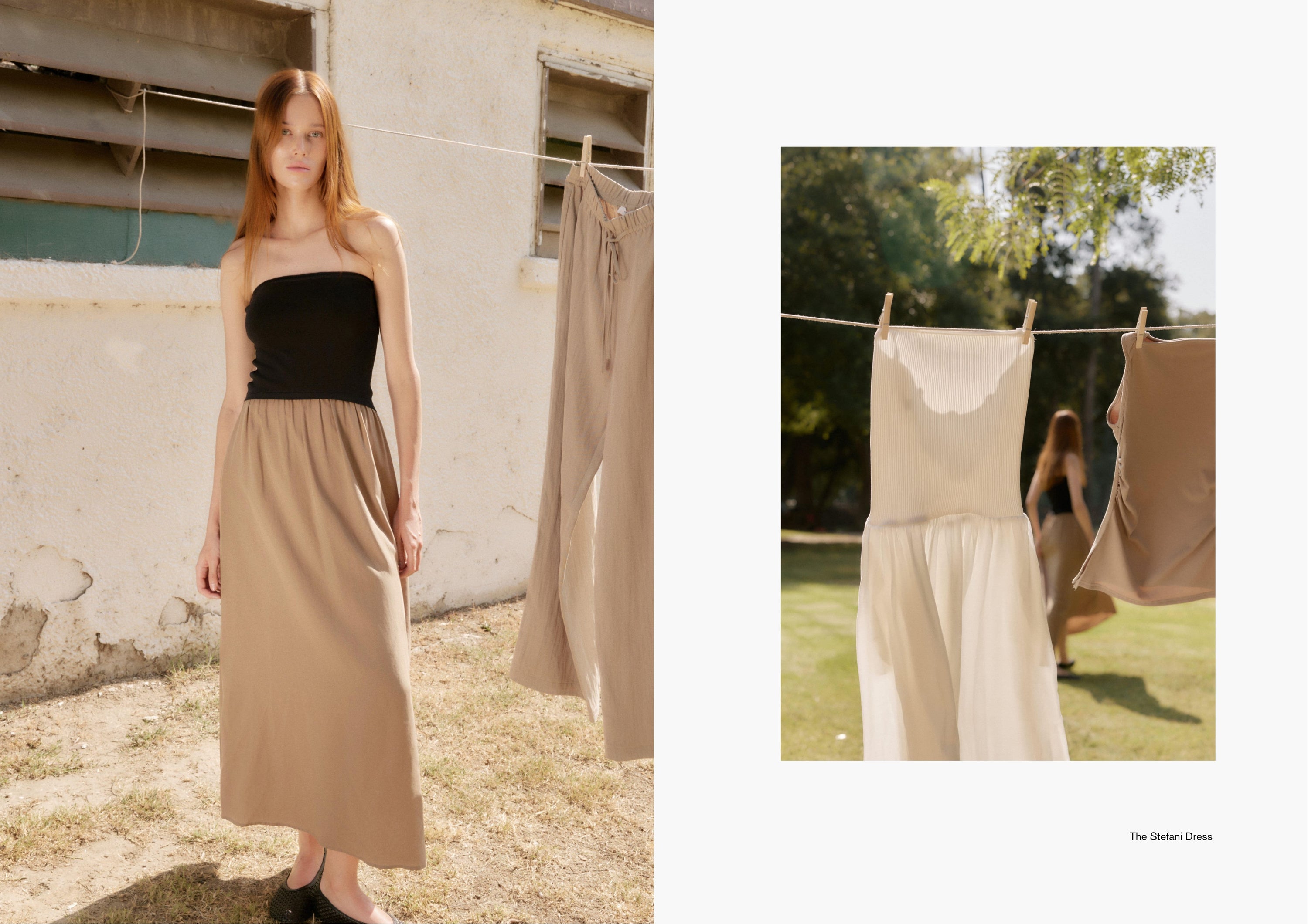 Left: Woman in a beige two-tone maxi dress standing against a white stucco wall, captured in natural light.

Right: Close-up of the same beige dress hanging on a clothesline, swaying slightly outdoors.