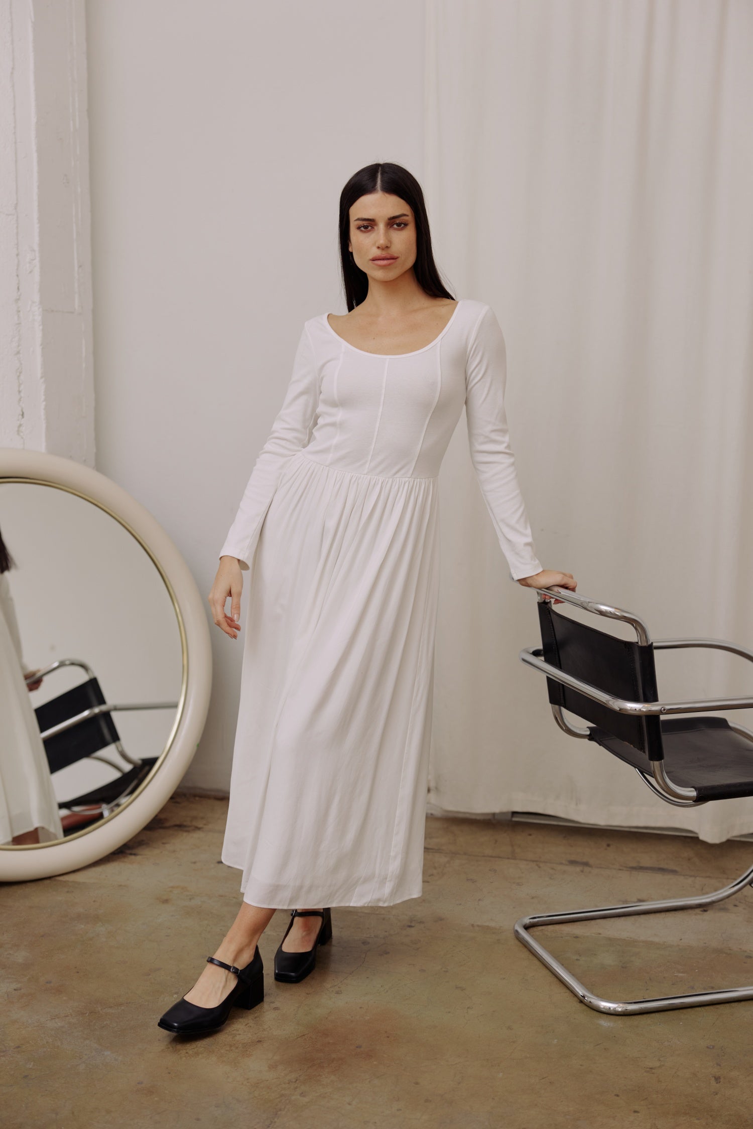 8914225758429, The Ellie Dress, Dress, All Row, final,final-sale,finalsale, Information The Ellie Dress is a scoop-neck fit and flare dress that is perfect for any occasion. The top bodice is fabricated from cotton with a hint of spandex, for a comfortable and form-fitting silhouette while the bottom skirt is fabricated from rayon for extra movement. Details Self: 95% Cotton, 5% SpandexLining: 100% RayonContrast: 100% Cotton Sample Sale Terms & Conditions: Items may have minor wear, stretching, blemishes, o