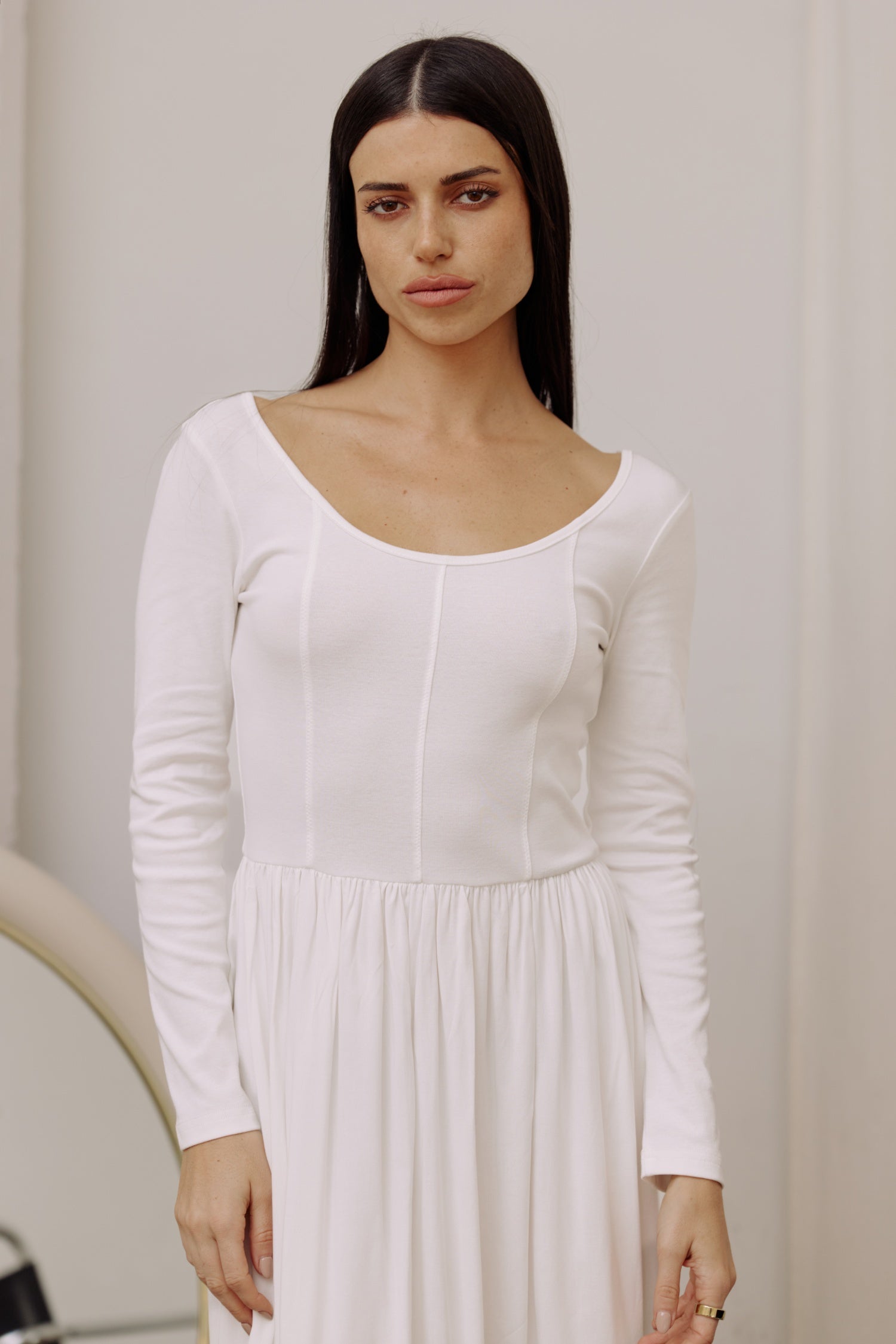 8914225758429, The Ellie Dress, Dress, All Row, final,final-sale,finalsale, Information The Ellie Dress is a scoop-neck fit and flare dress that is perfect for any occasion. The top bodice is fabricated from cotton with a hint of spandex, for a comfortable and form-fitting silhouette while the bottom skirt is fabricated from rayon for extra movement. Details Self: 95% Cotton, 5% SpandexLining: 100% RayonContrast: 100% Cotton Sample Sale Terms & Conditions: Items may have minor wear, stretching, blemishes, o