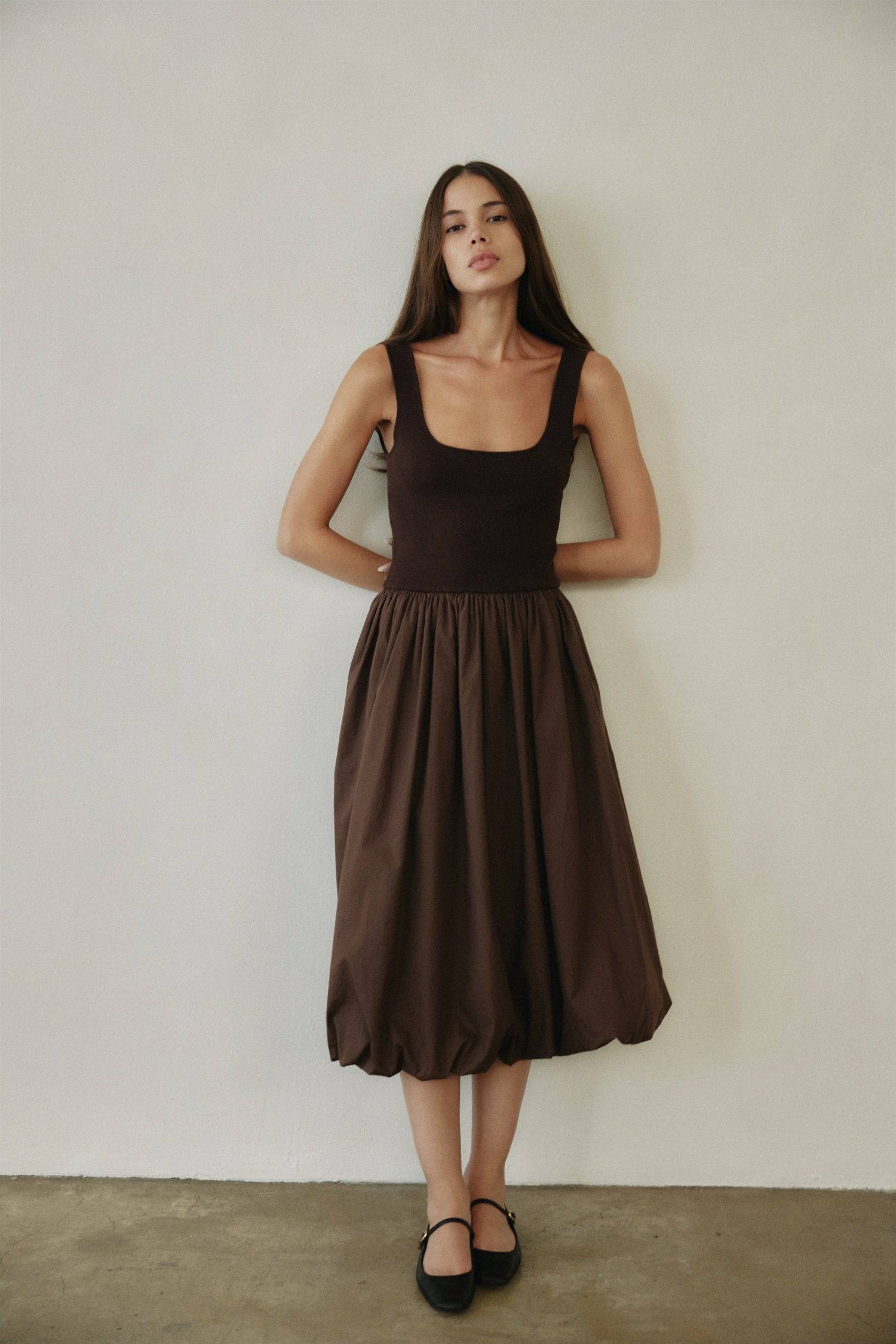 The Bella Dress | Midi Bubble Dress with Knit Top Brown / M The Bella Dress | Midi Bubble Dress with Knit Top Brown / M