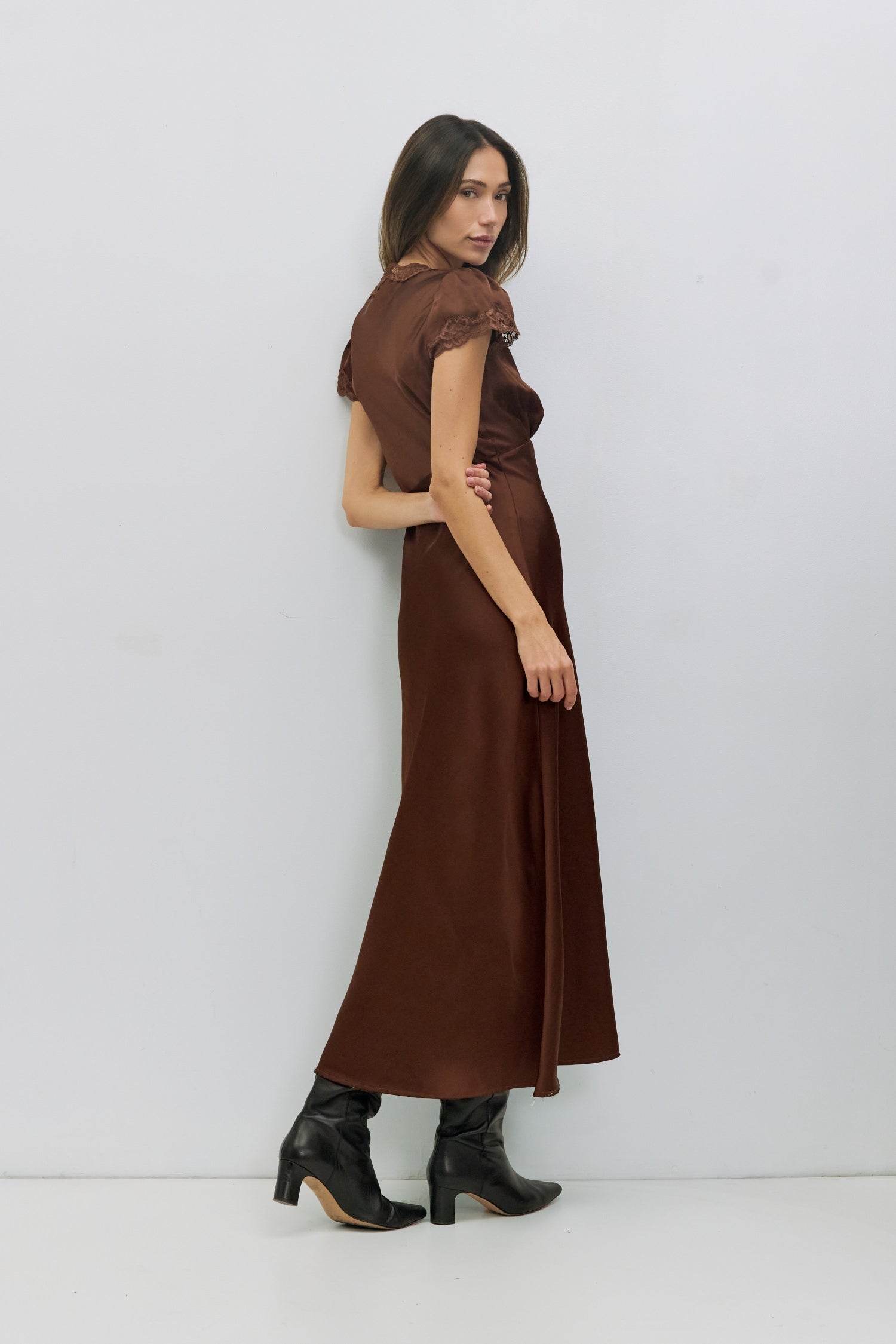 The Vivienne Dress | Lace Trim Satin Midi Dress Brown / S The Vivienne Dress | Lace Trim Satin Midi Dress Brown / S