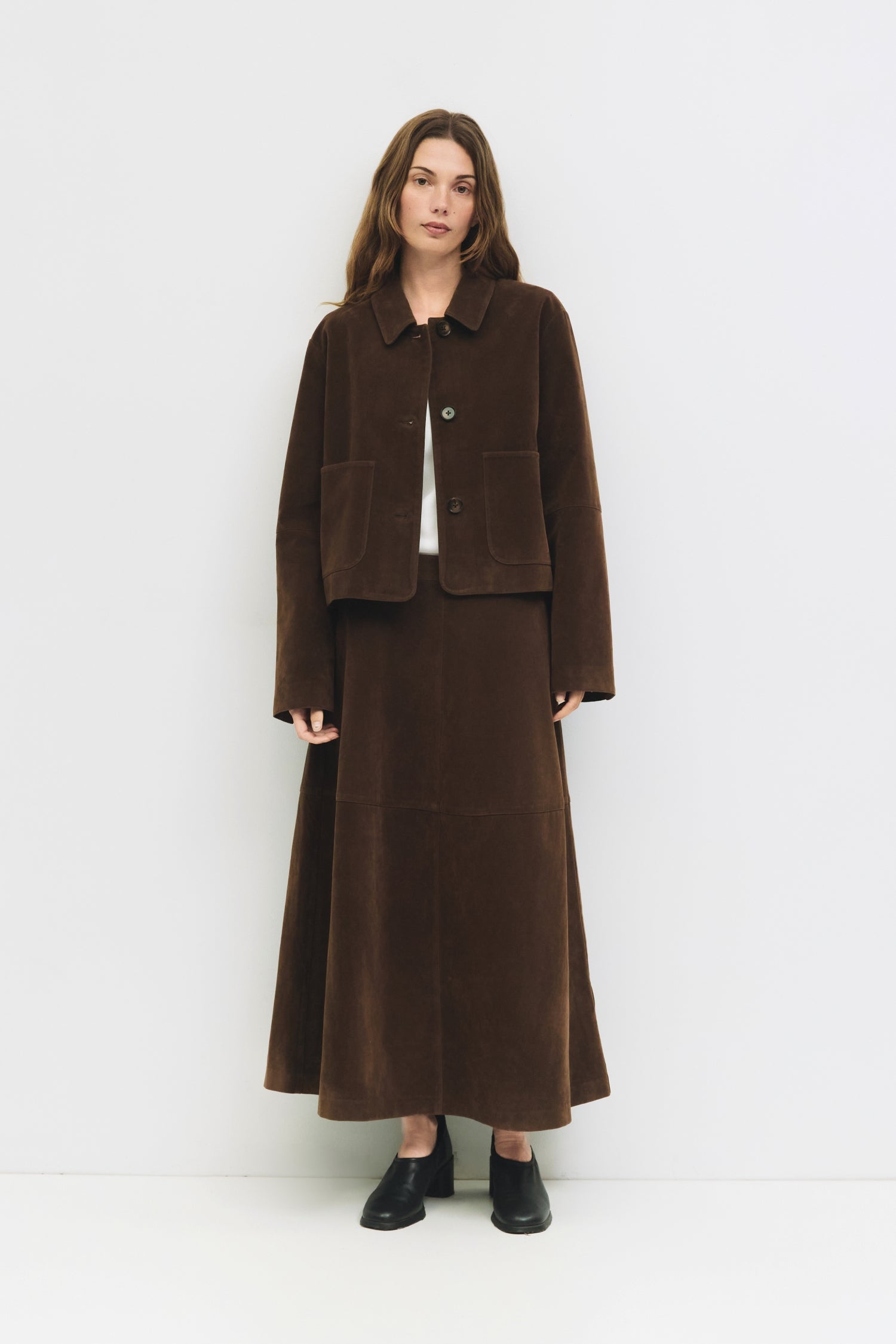 9084505620701, The Eryn Jacket, Outerwear, All Row, All Row,allrow,Back Detail,Black,Casual,cf-color-black,cf-size-l,cf-size-m,cf-vendor-all-row,Coat,Comfortable,Cropped,cropped hemline,Detail,Everyday,Faux Leather,genderless,Jacket,Leather,leather jacket,Minimal,minimalist,new,Outerwear,Pleather,Polyester,Semi-Formal,Spring,statement,statement piece,Transitional,vegan leather,versatile,Womens, Information The Eryn Jacket is a cropped suede piece with a relaxed fit, featuring a classic collar and front butt
