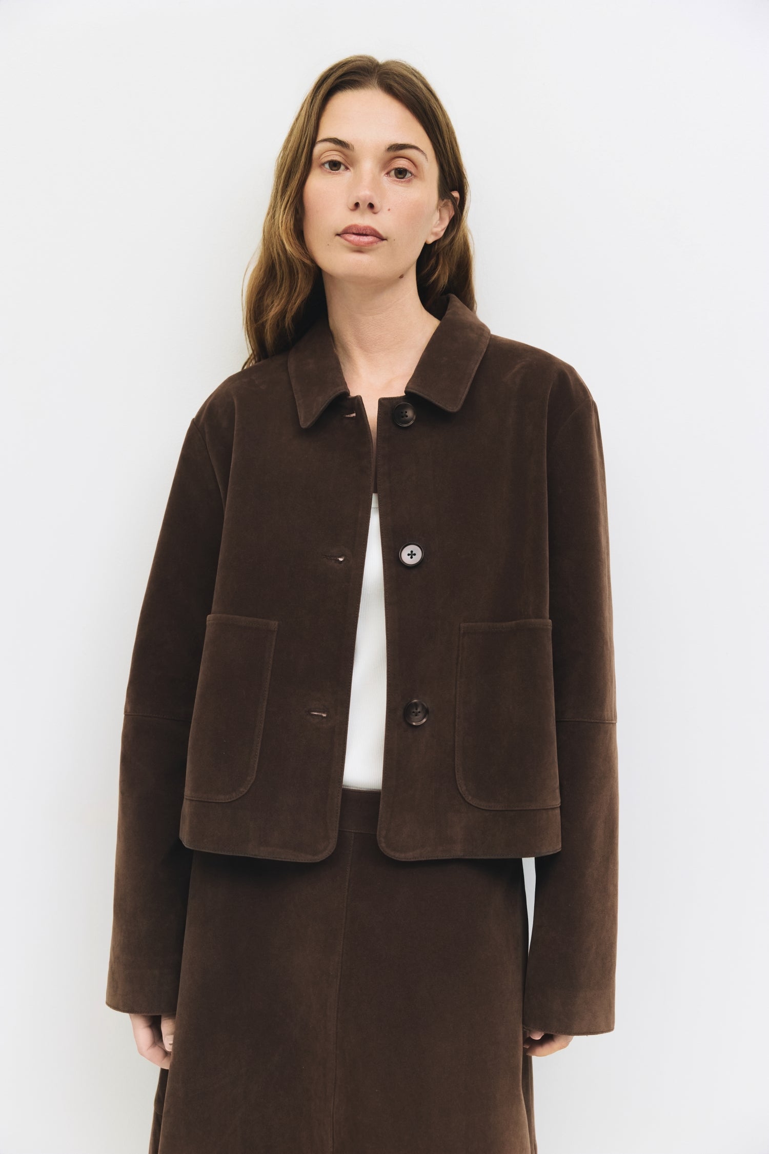 9084505620701, The Eryn Jacket, Outerwear, All Row, All Row,allrow,Back Detail,Black,Casual,cf-color-black,cf-size-l,cf-size-m,cf-vendor-all-row,Coat,Comfortable,Cropped,cropped hemline,Detail,Everyday,Faux Leather,genderless,Jacket,Leather,leather jacket,Minimal,minimalist,new,Outerwear,Pleather,Polyester,Semi-Formal,Spring,statement,statement piece,Transitional,vegan leather,versatile,Womens, Information The Eryn Jacket is a cropped suede piece with a relaxed fit, featuring a classic collar and front butt