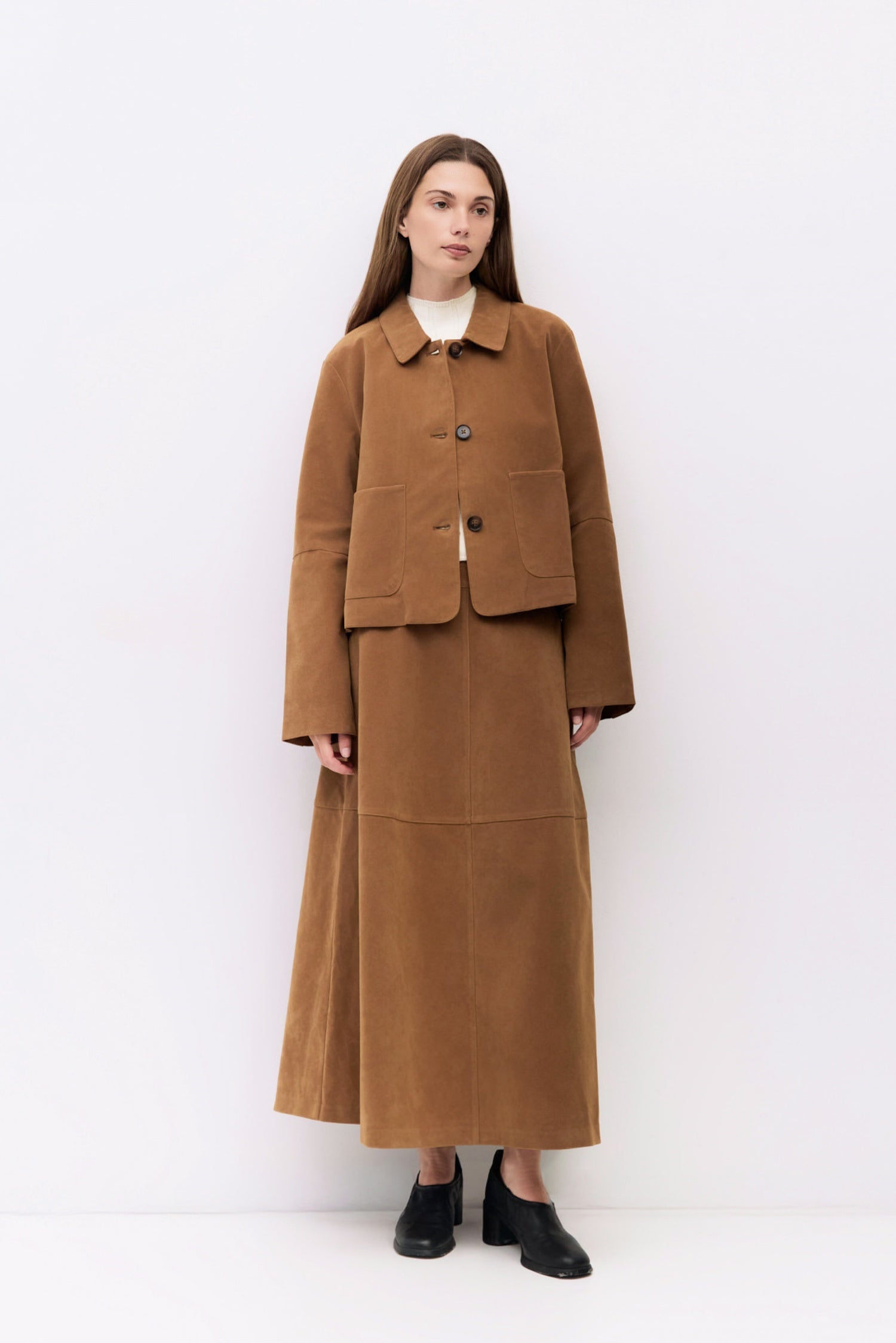9084505620701, The Eryn Jacket, Outerwear, All Row, All Row,allrow,Back Detail,Black,Casual,cf-color-black,cf-size-l,cf-size-m,cf-vendor-all-row,Coat,Comfortable,Cropped,cropped hemline,Detail,Everyday,Faux Leather,genderless,Jacket,Leather,leather jacket,Minimal,minimalist,new,Outerwear,Pleather,Polyester,Semi-Formal,Spring,statement,statement piece,Transitional,vegan leather,versatile,Womens, Information The Eryn Jacket is a cropped suede piece with a relaxed fit, featuring a classic collar and front butt