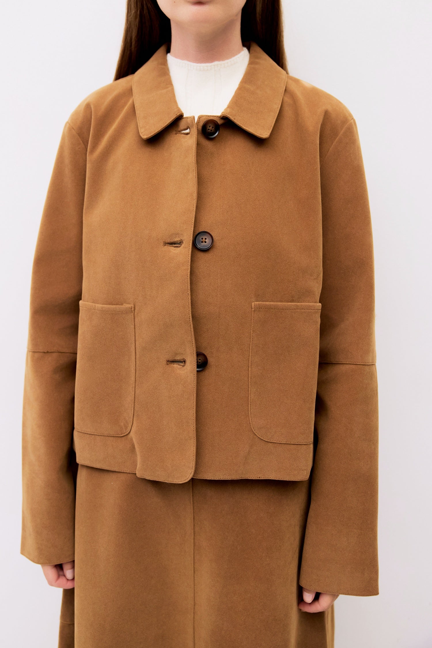 9084505620701, The Eryn Jacket, Outerwear, All Row, All Row,allrow,Back Detail,Black,Casual,cf-color-black,cf-size-l,cf-size-m,cf-vendor-all-row,Coat,Comfortable,Cropped,cropped hemline,Detail,Everyday,Faux Leather,genderless,Jacket,Leather,leather jacket,Minimal,minimalist,new,Outerwear,Pleather,Polyester,Semi-Formal,Spring,statement,statement piece,Transitional,vegan leather,versatile,Womens, Information The Eryn Jacket is a cropped suede piece with a relaxed fit, featuring a classic collar and front butt