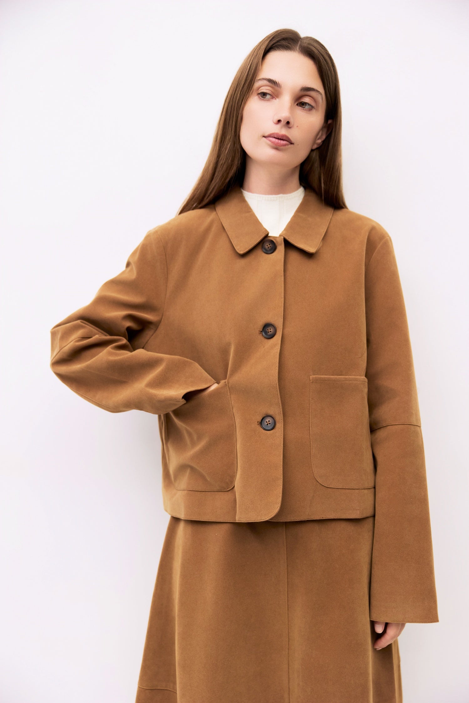 9084505620701, The Eryn Jacket, Outerwear, All Row, All Row,allrow,Back Detail,Black,Casual,cf-color-black,cf-size-l,cf-size-m,cf-vendor-all-row,Coat,Comfortable,Cropped,cropped hemline,Detail,Everyday,Faux Leather,genderless,Jacket,Leather,leather jacket,Minimal,minimalist,new,Outerwear,Pleather,Polyester,Semi-Formal,Spring,statement,statement piece,Transitional,vegan leather,versatile,Womens, Information The Eryn Jacket is a cropped suede piece with a relaxed fit, featuring a classic collar and front butt