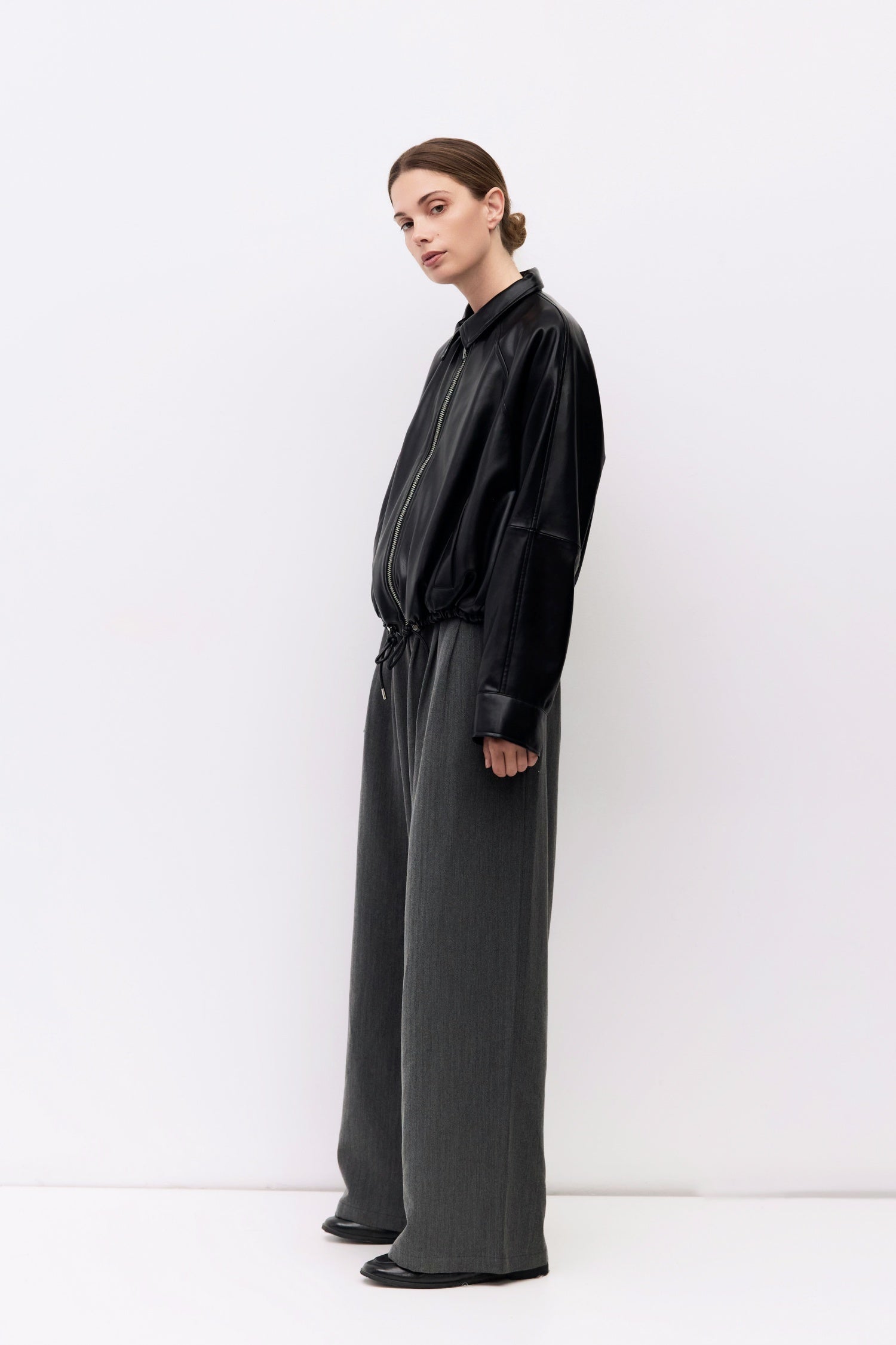 The Lizette Jacket | Pleather Drawstring Bomber Jacket