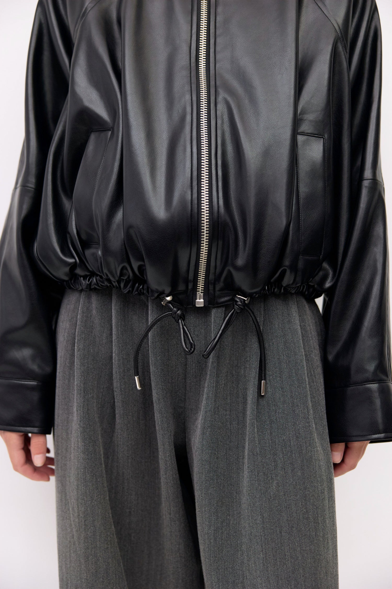 The Lizette Jacket | Pleather Drawstring Bomber Jacket