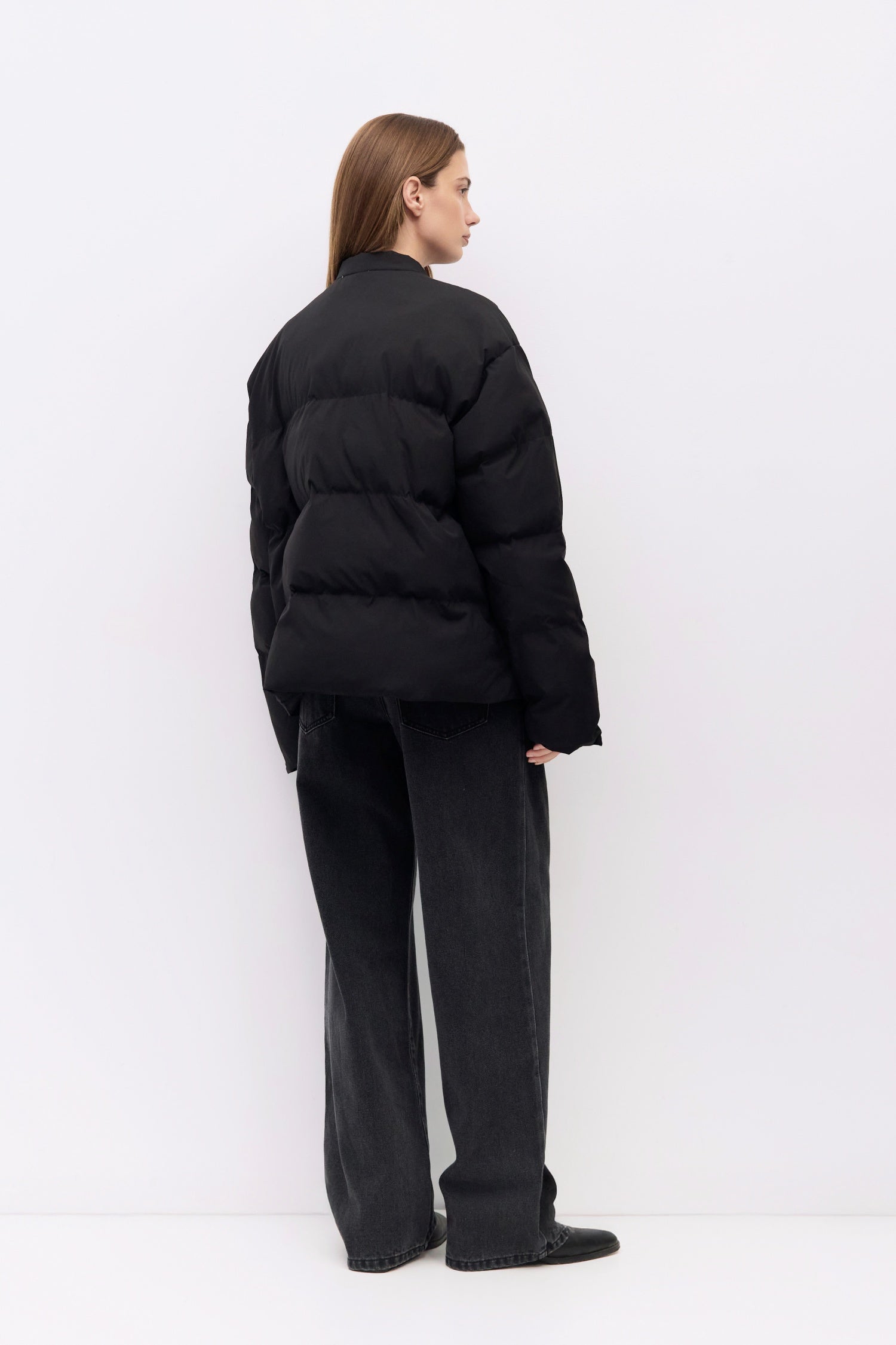 9084496347357, The Mila Jacket, Outerwear, All Row, All Row,allrow,Back Detail,Black,Casual,cf-color-black,cf-size-l,cf-size-m,cf-vendor-all-row,Coat,Comfortable,Cropped,cropped hemline,Detail,Everyday,Faux Leather,genderless,Jacket,Leather,leather jacket,Minimal,minimalist,new,Outerwear,Pleather,Polyester,Semi-Formal,Spring,statement,statement piece,Transitional,vegan leather,versatile,Womens,womens top, Information The Mila Jacket is a fully lined puffer style with quilted padding for added warmth. Design