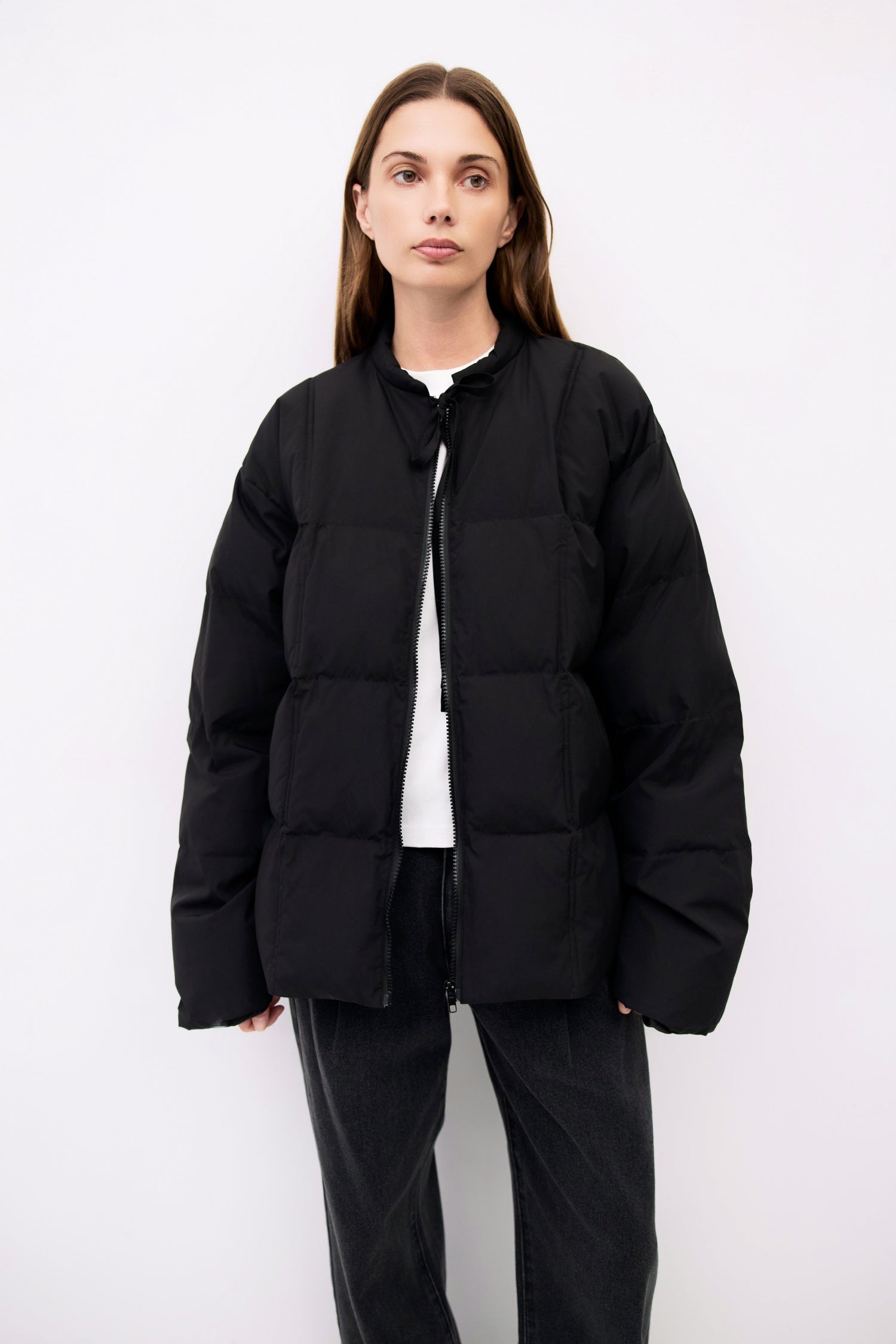 9084496347357, The Mila Jacket, Outerwear, All Row, All Row,allrow,Back Detail,Black,Casual,cf-color-black,cf-size-l,cf-size-m,cf-vendor-all-row,Coat,Comfortable,Cropped,cropped hemline,Detail,Everyday,Faux Leather,genderless,Jacket,Leather,leather jacket,Minimal,minimalist,new,Outerwear,Pleather,Polyester,Semi-Formal,Spring,statement,statement piece,Transitional,vegan leather,versatile,Womens,womens top, Information The Mila Jacket is a fully lined puffer style with quilted padding for added warmth. Design