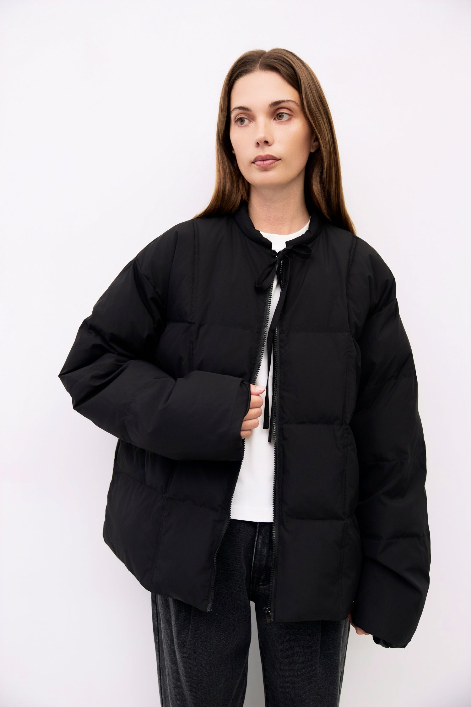 9084496347357, The Mila Jacket, Outerwear, All Row, All Row,allrow,Back Detail,Black,Casual,cf-color-black,cf-size-l,cf-size-m,cf-vendor-all-row,Coat,Comfortable,Cropped,cropped hemline,Detail,Everyday,Faux Leather,genderless,Jacket,Leather,leather jacket,Minimal,minimalist,new,Outerwear,Pleather,Polyester,Semi-Formal,Spring,statement,statement piece,Transitional,vegan leather,versatile,Womens,womens top, Information The Mila Jacket is a fully lined puffer style with quilted padding for added warmth. Design