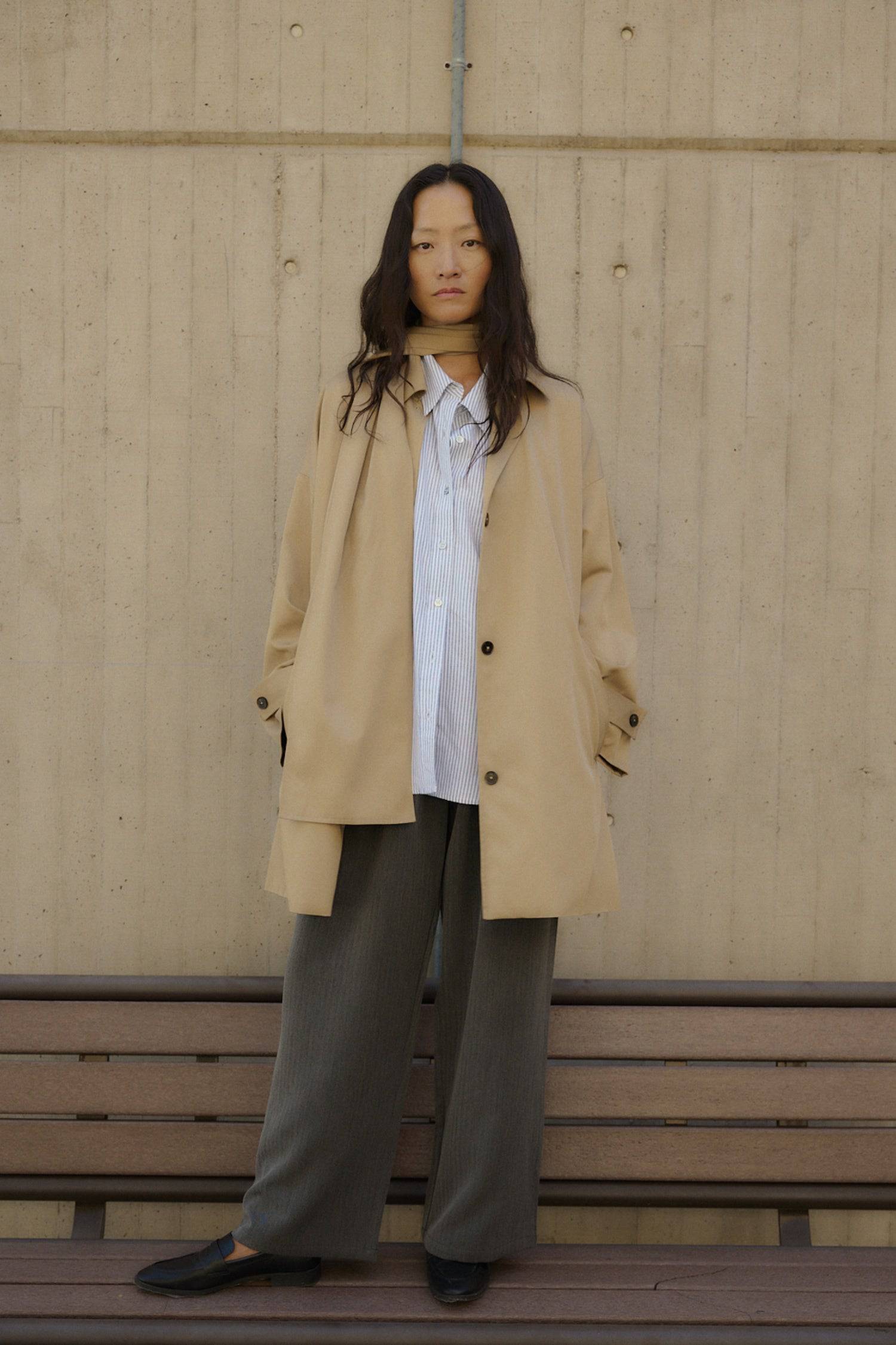 remake beige×black coat The Cove Coat | Short Trench Coat with Attachable Scarf