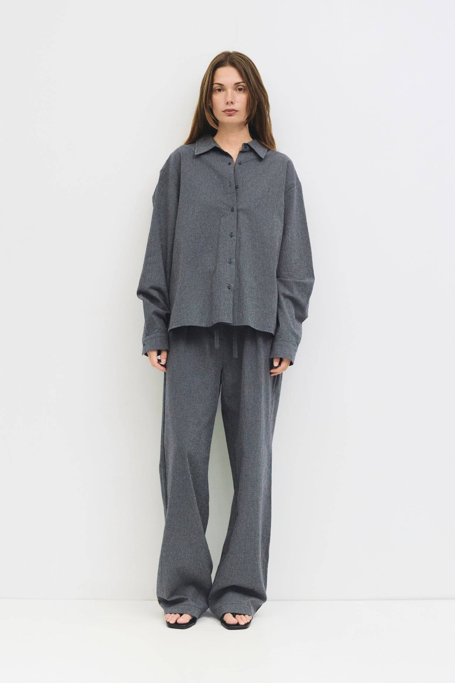 9084461056221, The Ellen Pants, Bottoms, All Row, Basic,Basics,Bottoms,Casual,cf-size-l,cf-size-m,cf-size-s,cf-vendor-mod-ref,Comfortable,Everyday,Front Pocket,Long Pants,mid rise,modref,Pants,Patch Pockets,Pleated,Pockets,Sets,Spring,straight fit,Transitional,white,women,Womens, Information The Ellen Pants are oversized striped trousers crafted from brushed midweight fabric, featuring front pleats for a tailored touch. Designed with a back elastic waistband, front button, and hidden zipper closure, and two