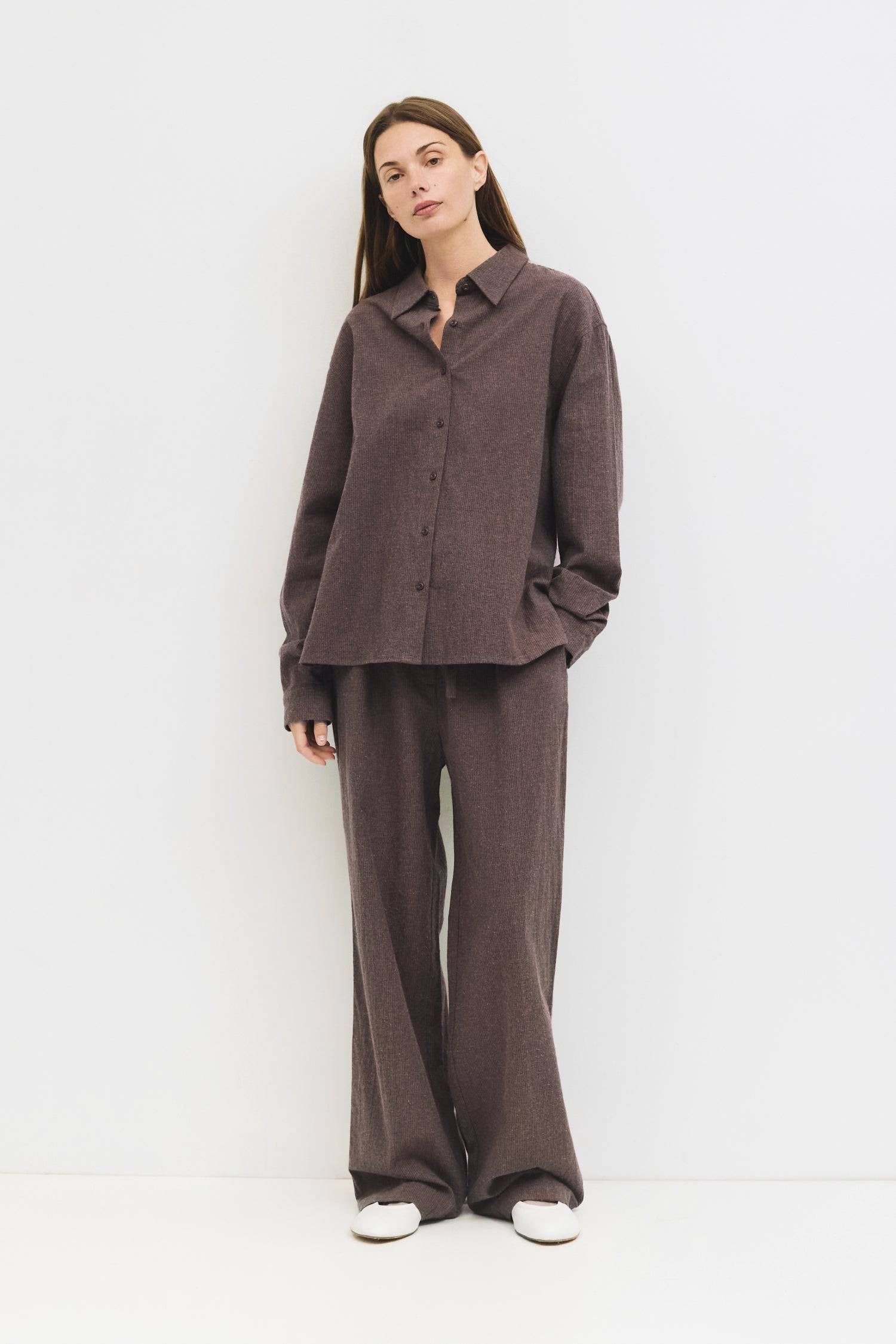 9084461056221, The Ellen Pants, Bottoms, All Row, Basic,Basics,Bottoms,Casual,cf-size-l,cf-size-m,cf-size-s,cf-vendor-mod-ref,Comfortable,Everyday,Front Pocket,Long Pants,mid rise,modref,Pants,Patch Pockets,Pleated,Pockets,Sets,Spring,straight fit,Transitional,white,women,Womens, Information The Ellen Pants are oversized striped trousers crafted from brushed midweight fabric, featuring front pleats for a tailored touch. Designed with a back elastic waistband, front button, and hidden zipper closure, and two