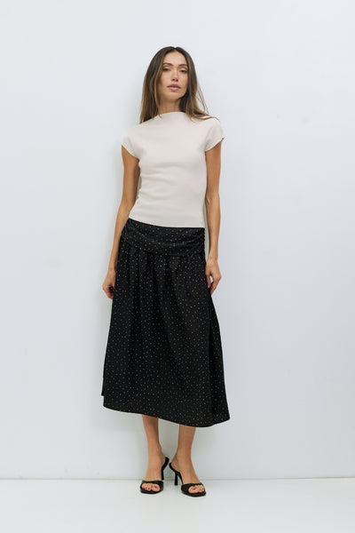 The Melinda Skirt | Ruched Polka Dot Midi Skirt