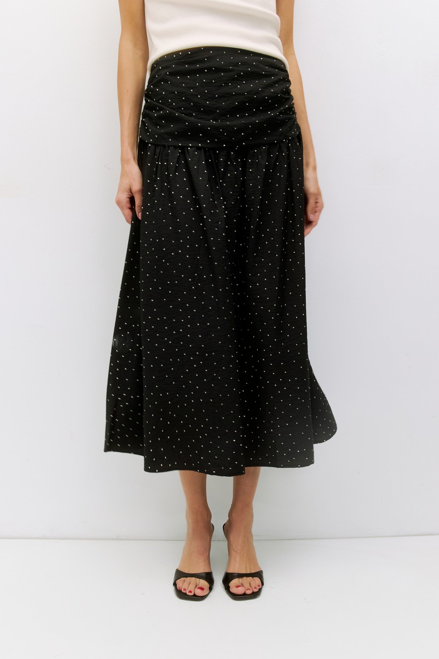 The Melinda Skirt | Ruched Polka Dot Midi Skirt