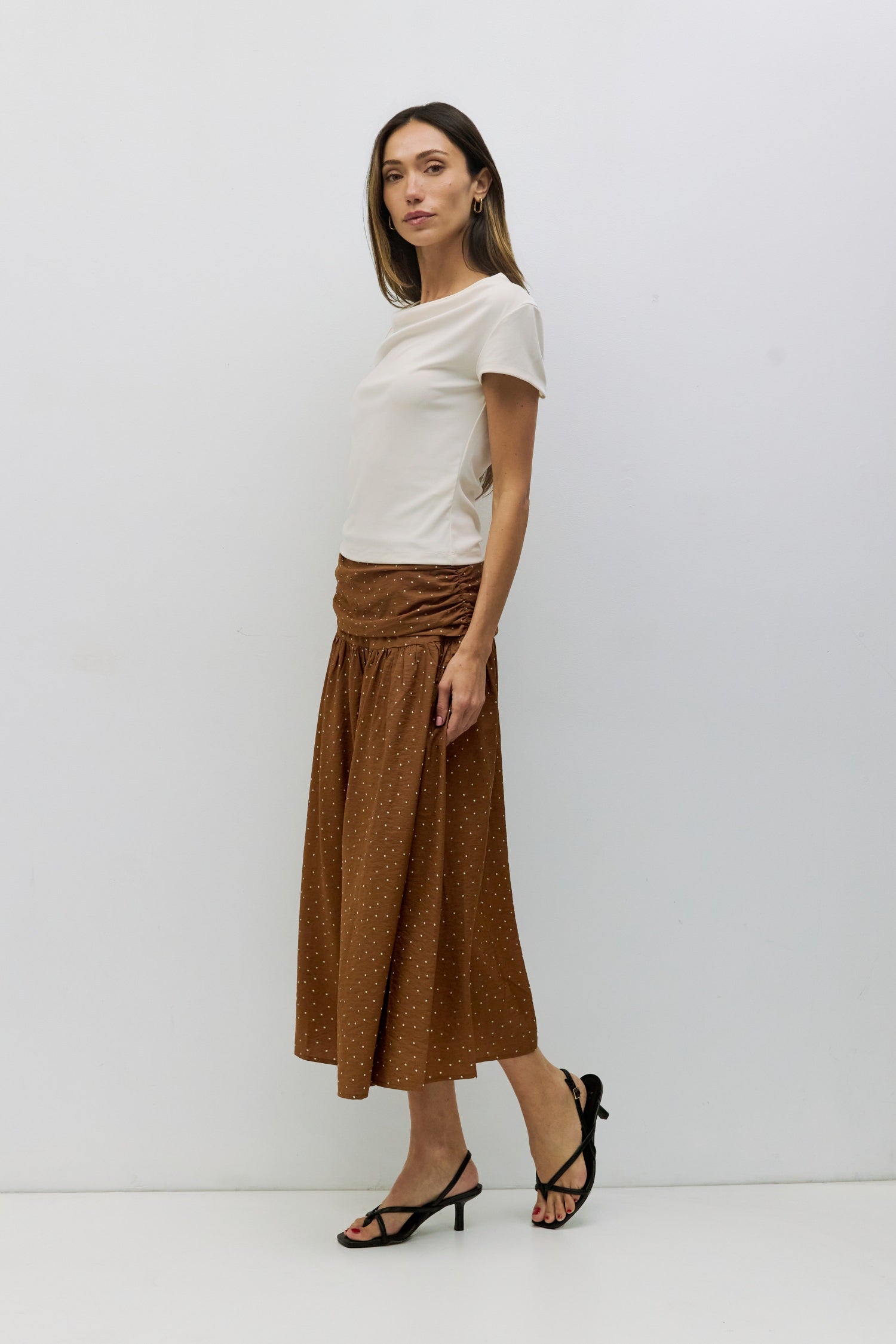 The Melinda Skirt | Ruched Polka Dot Midi Skirt