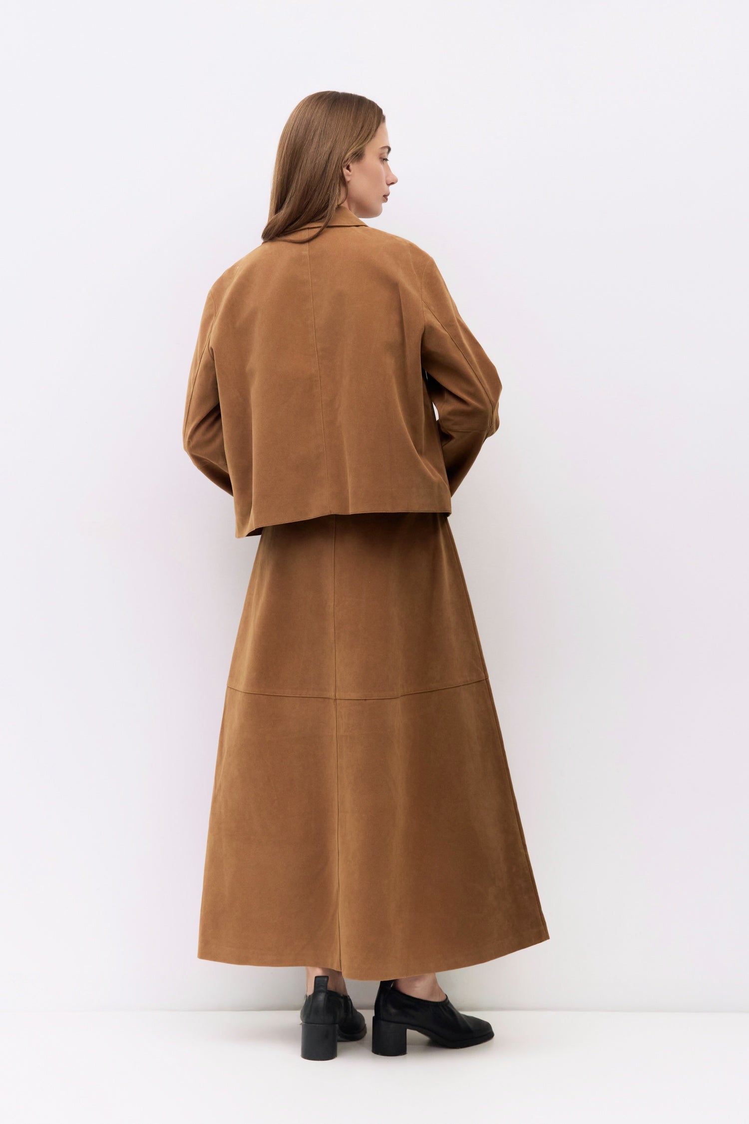 9084503818461, The Eryn Skirt, Bottoms, All Row, Bottom,Bottoms,brown,cf-color-brown,cf-color-khaki,cf-size-l,cf-size-m,cf-size-s,cf-vendor-all-row,Chestnut Brown,Comfortable,dark brown,everyday,Fall,Khaki,Matching Set,mid rise,mid waist,mid weight,Midi Skirt,new,Semi-Formal,set,Sets,Skirt,spring,Structured,suede,Textured Fabric,versatile,womens, Information The Eryn Skirt is a sleek A-line midi crafted from midweight suede, designed with a side invisible zipper and hidden hook-and-eye closure for a clean f