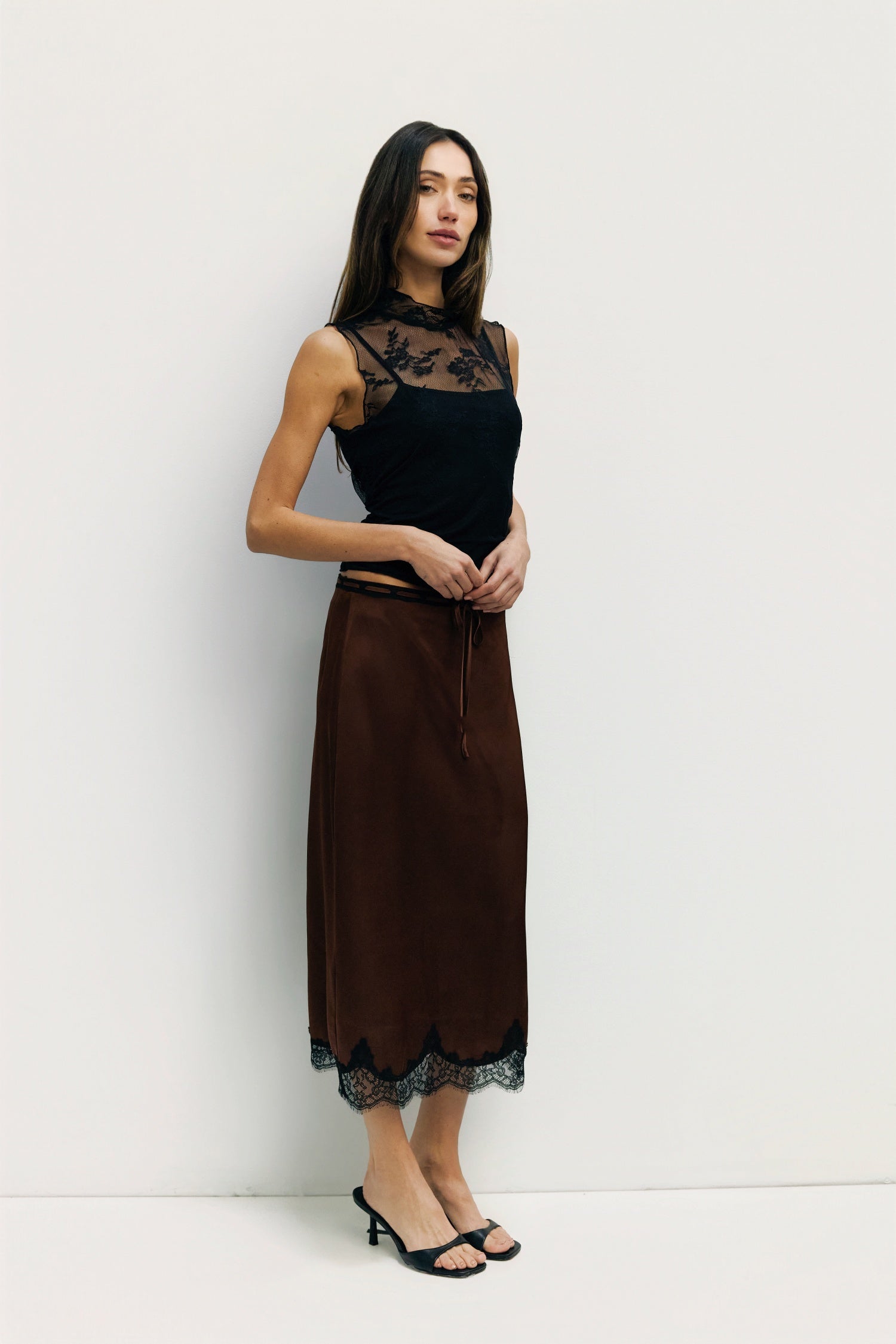 The Gabrielle Skirt | Satin Lace Midi Skirt