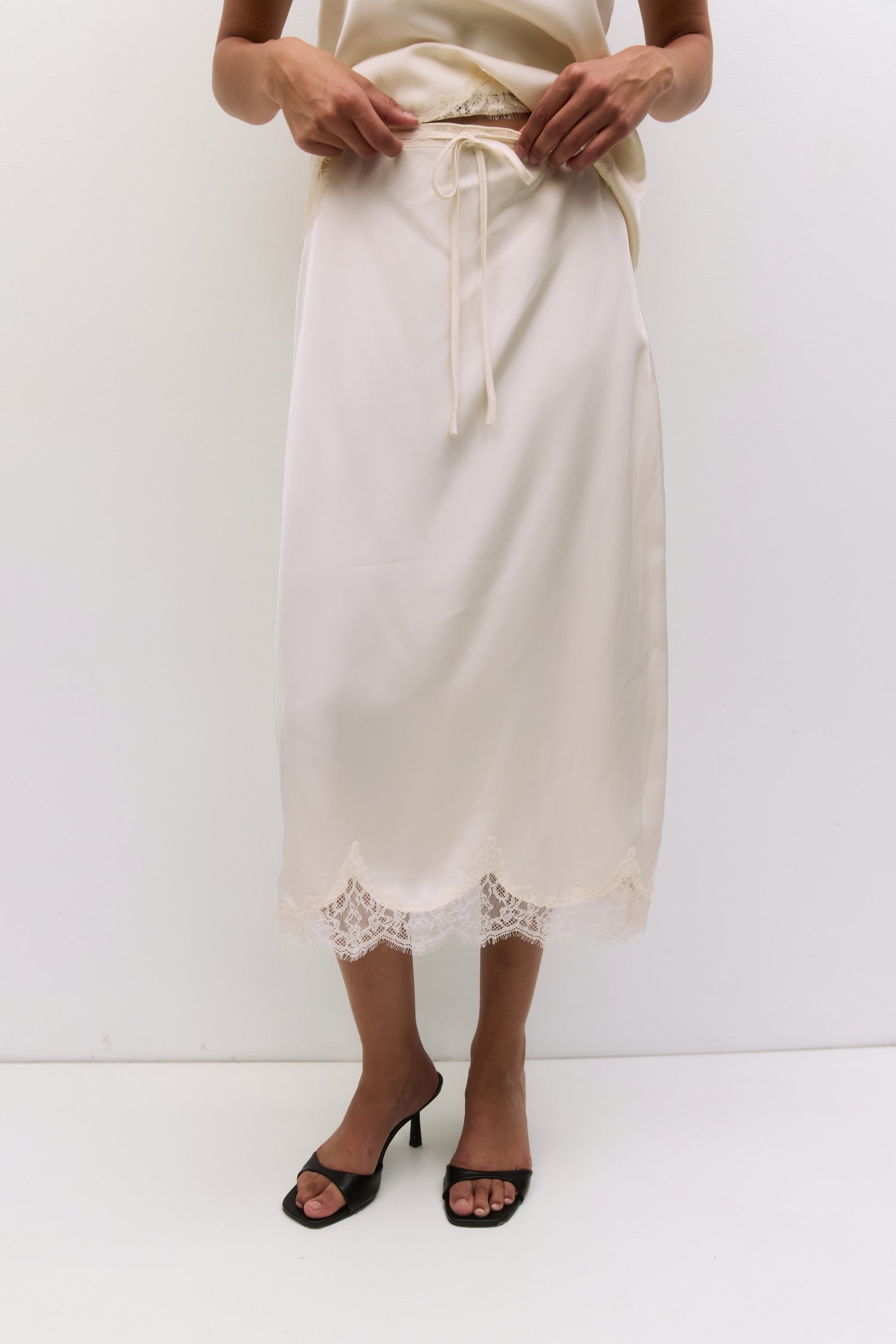 The Gabrielle Skirt | Satin Lace Midi Skirt